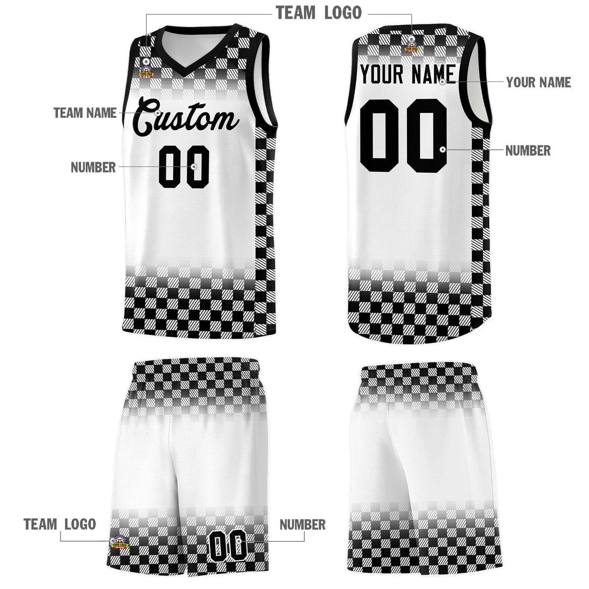 Custom White Black Classic Plaid Pattern Sports Uniform Basketball Jersey