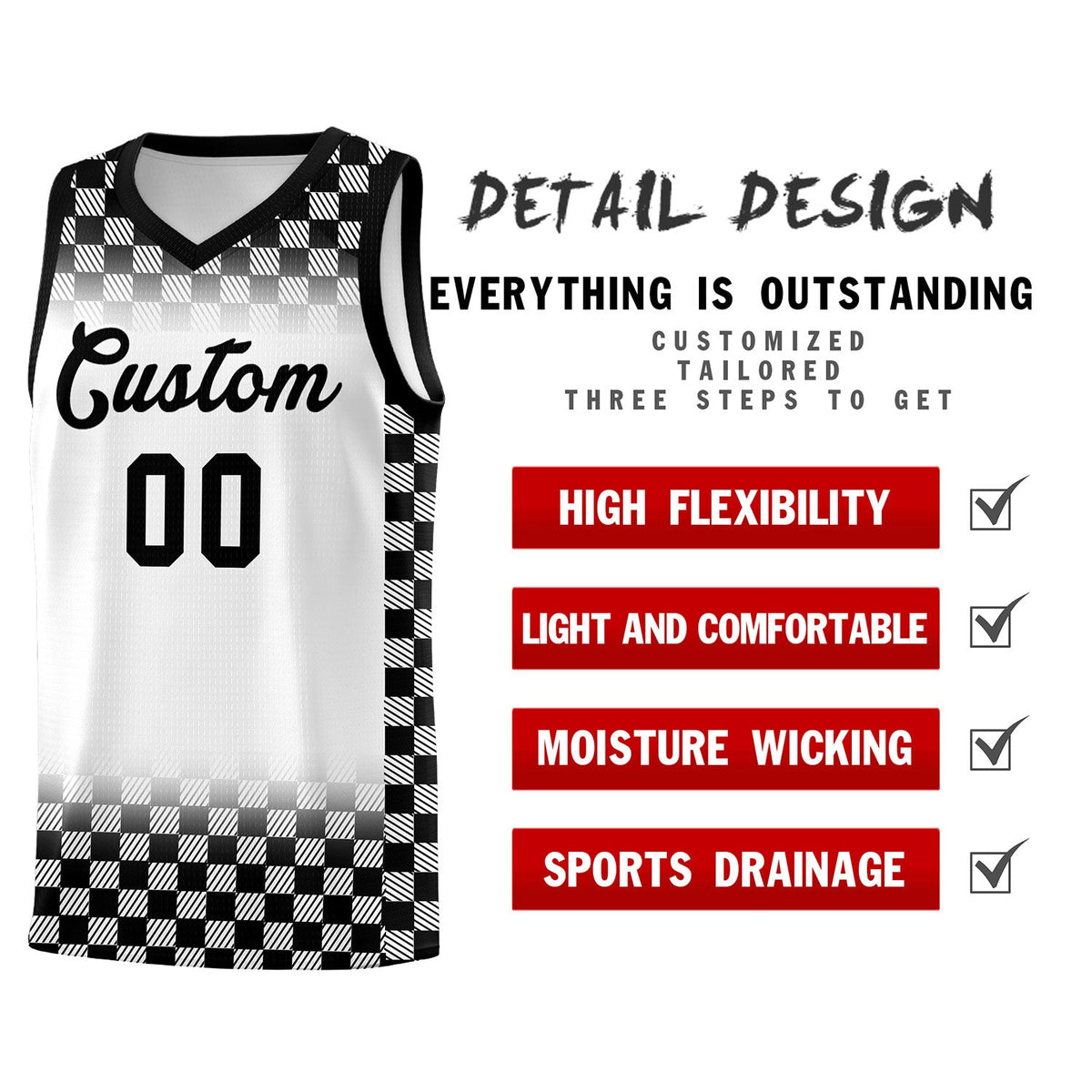 Custom White Black Classic Plaid Pattern Sports Uniform Basketball Jersey