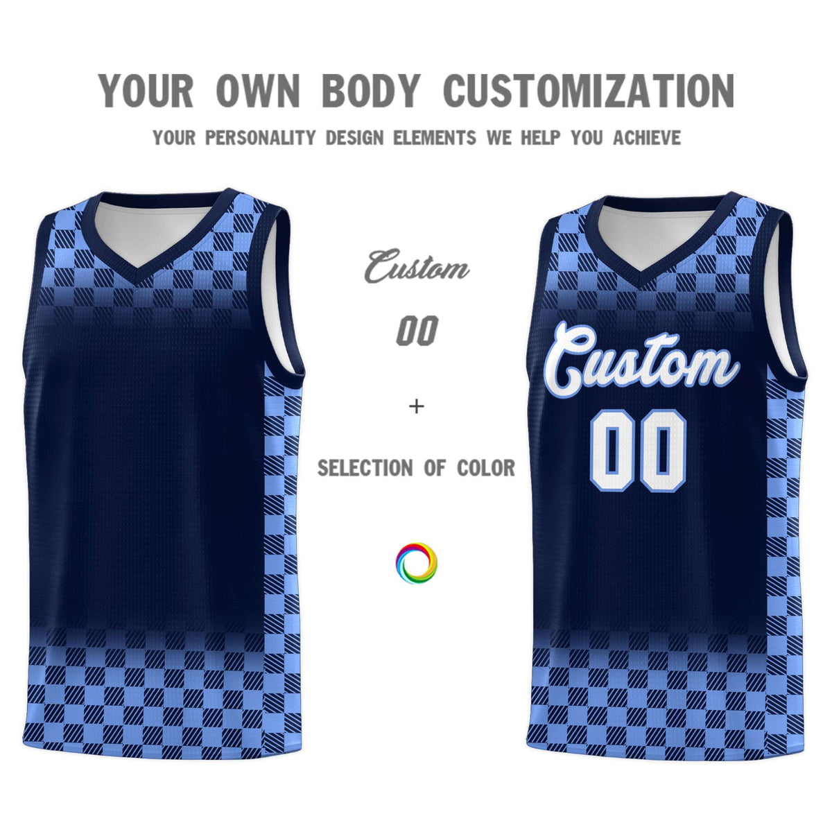 Custom Navy Light Blue Classic Plaid Pattern Sports Uniform Basketball Jersey