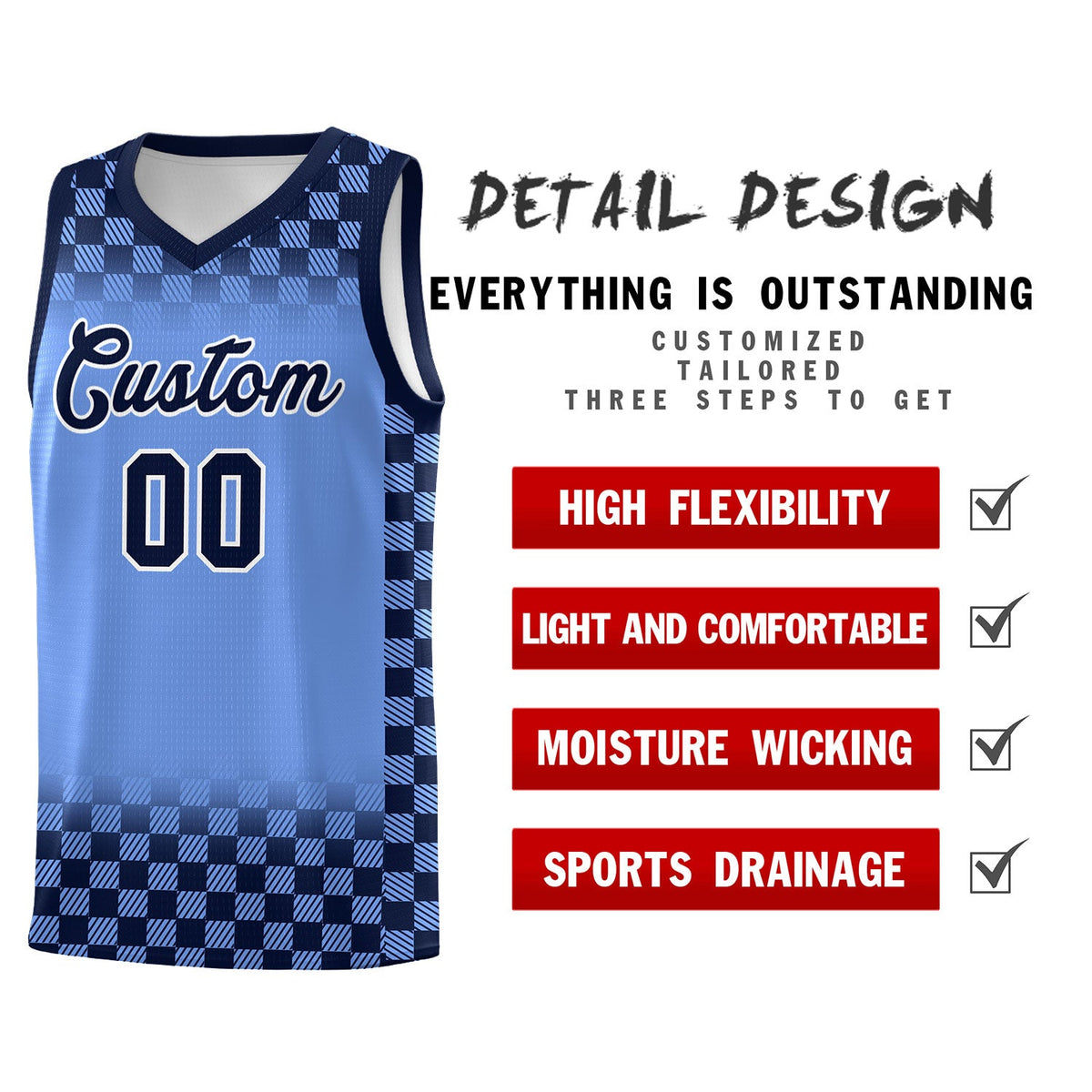 Custom Light Blue Navy Classic Plaid Pattern Sports Uniform Basketball Jersey