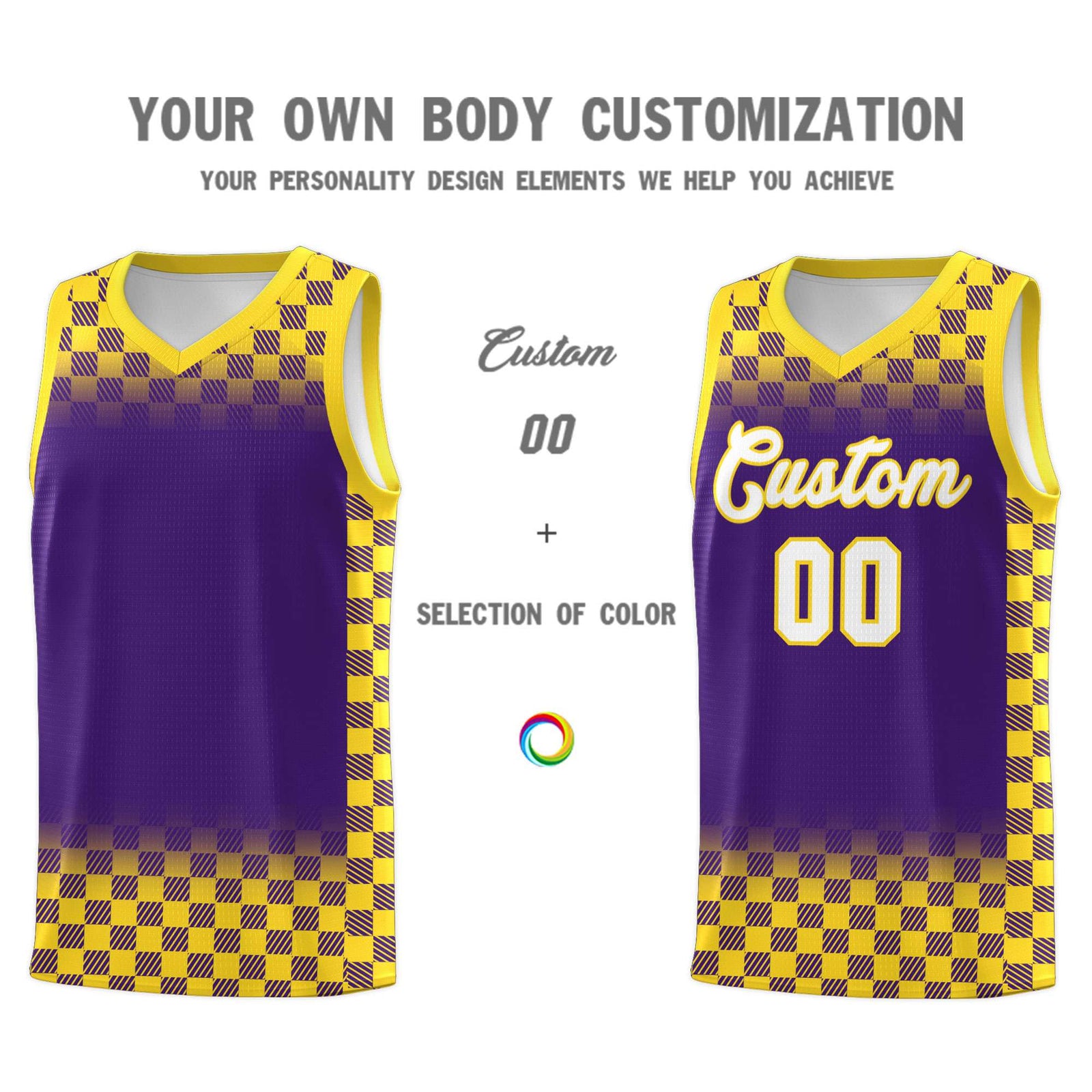 Custom Purple Gold Classic Plaid Pattern Sports Uniform Basketball Jersey