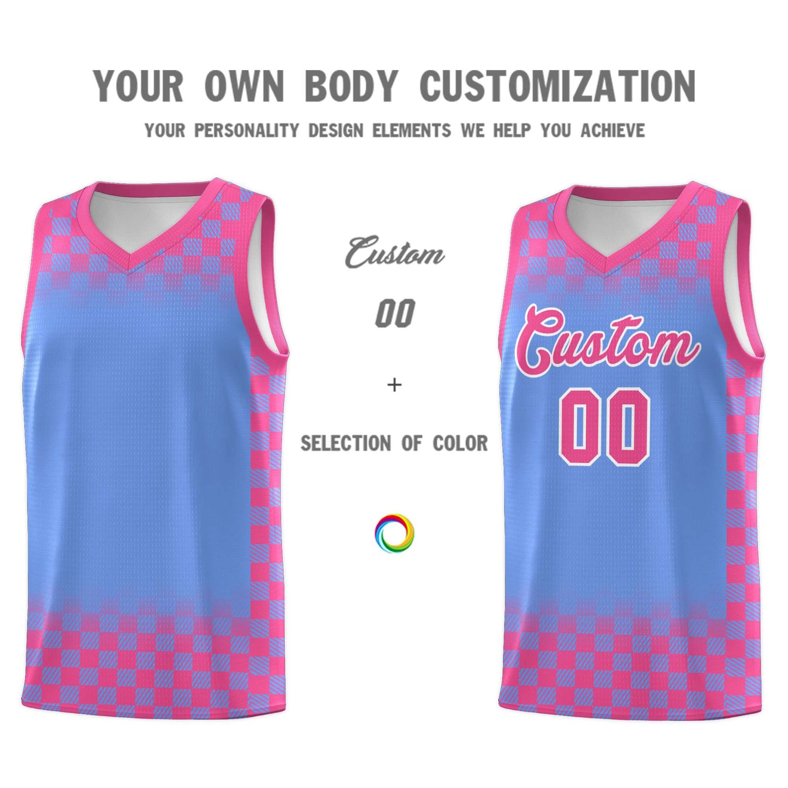 Custom Light Blue Pink Classic Plaid Pattern Sports Uniform Basketball Jersey