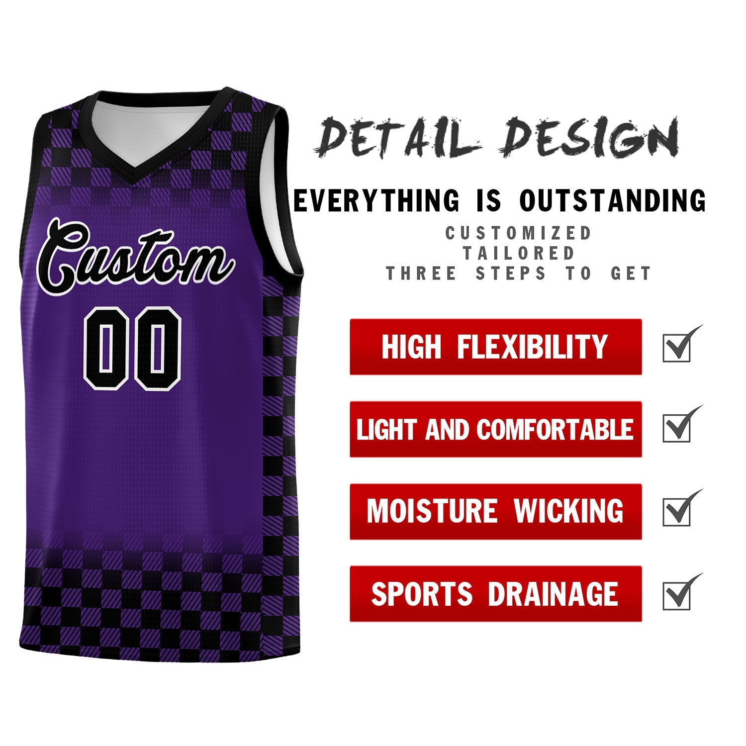 Custom Purple Black Classic Plaid Pattern Sports Uniform Basketball Jersey