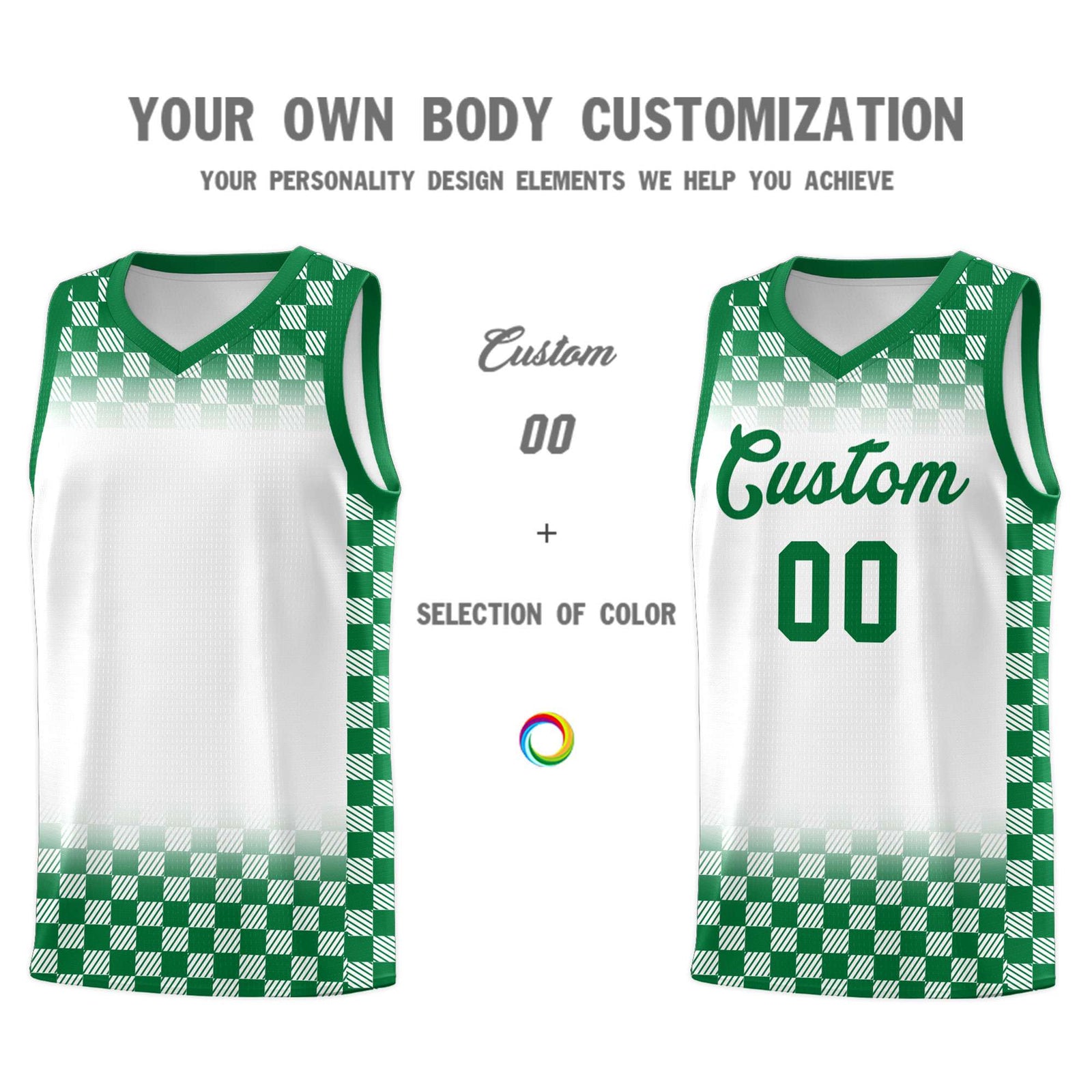 Custom White Kelly Green Classic Plaid Pattern Sports Uniform Basketball Jersey