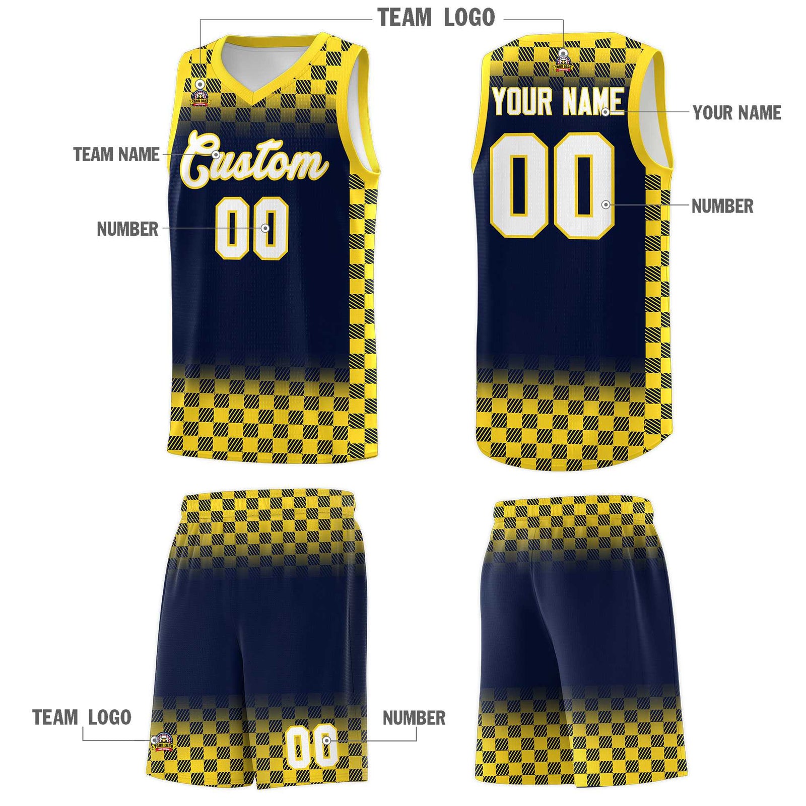 Custom Navy Gold Classic Plaid Pattern Sports Uniform Basketball Jersey