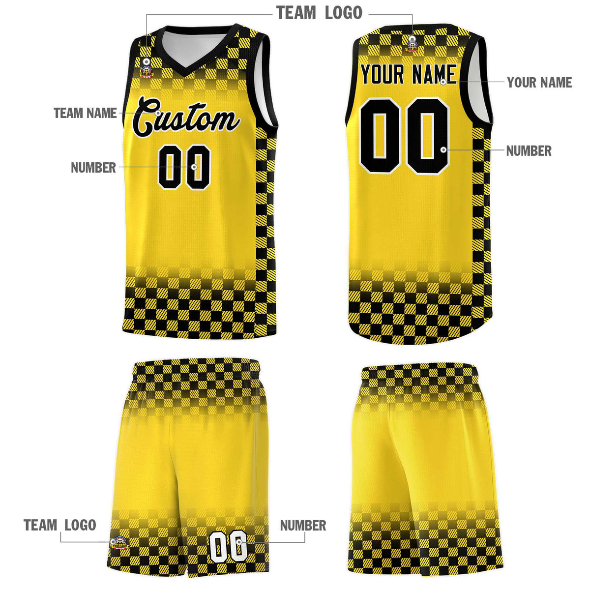 Custom Gold Black Classic Plaid Pattern Sports Uniform Basketball Jersey