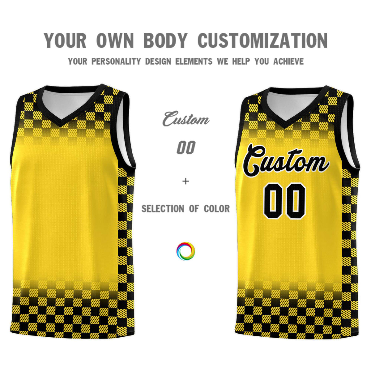 Custom Gold Black Classic Plaid Pattern Sports Uniform Basketball Jersey