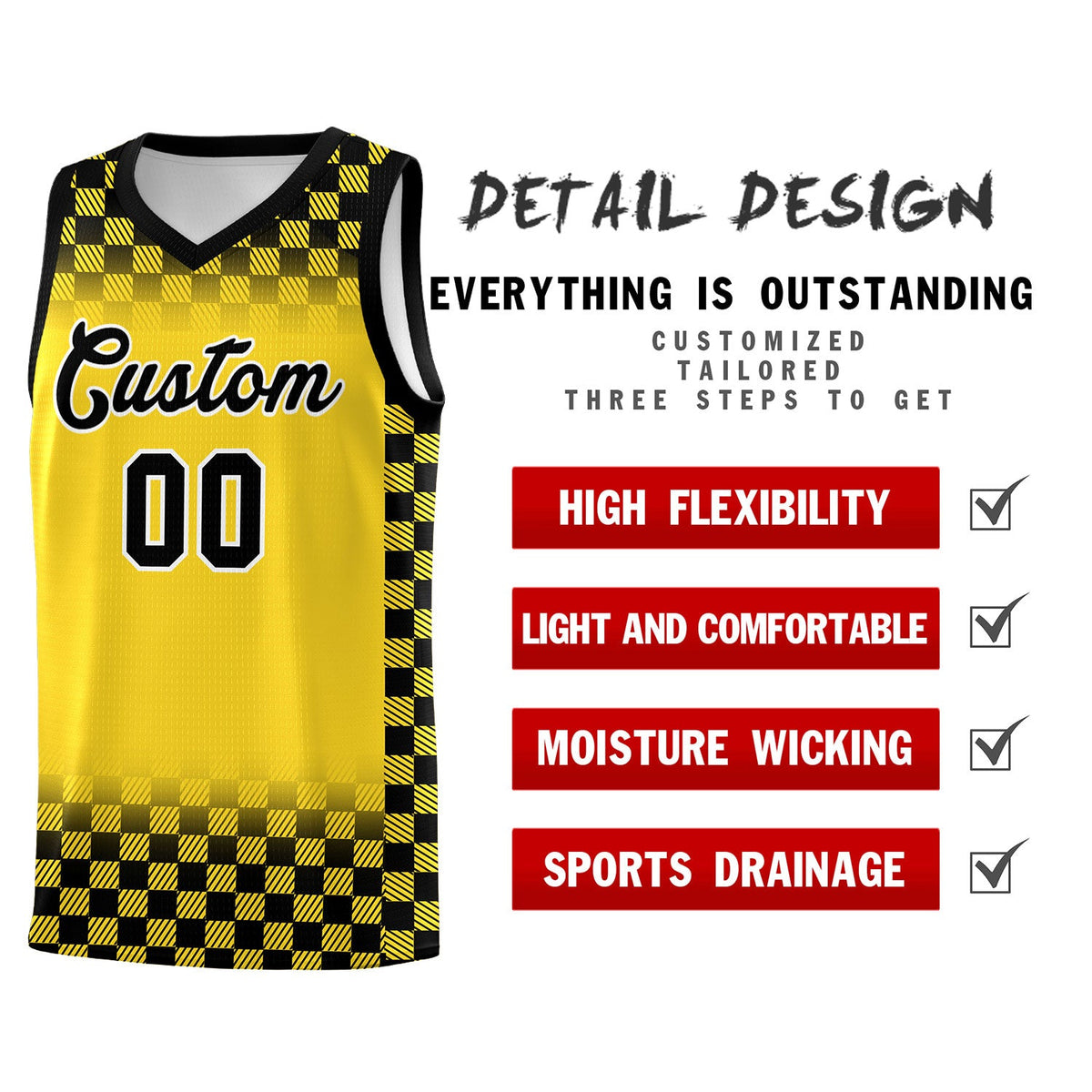 Custom Gold Black Classic Plaid Pattern Sports Uniform Basketball Jersey