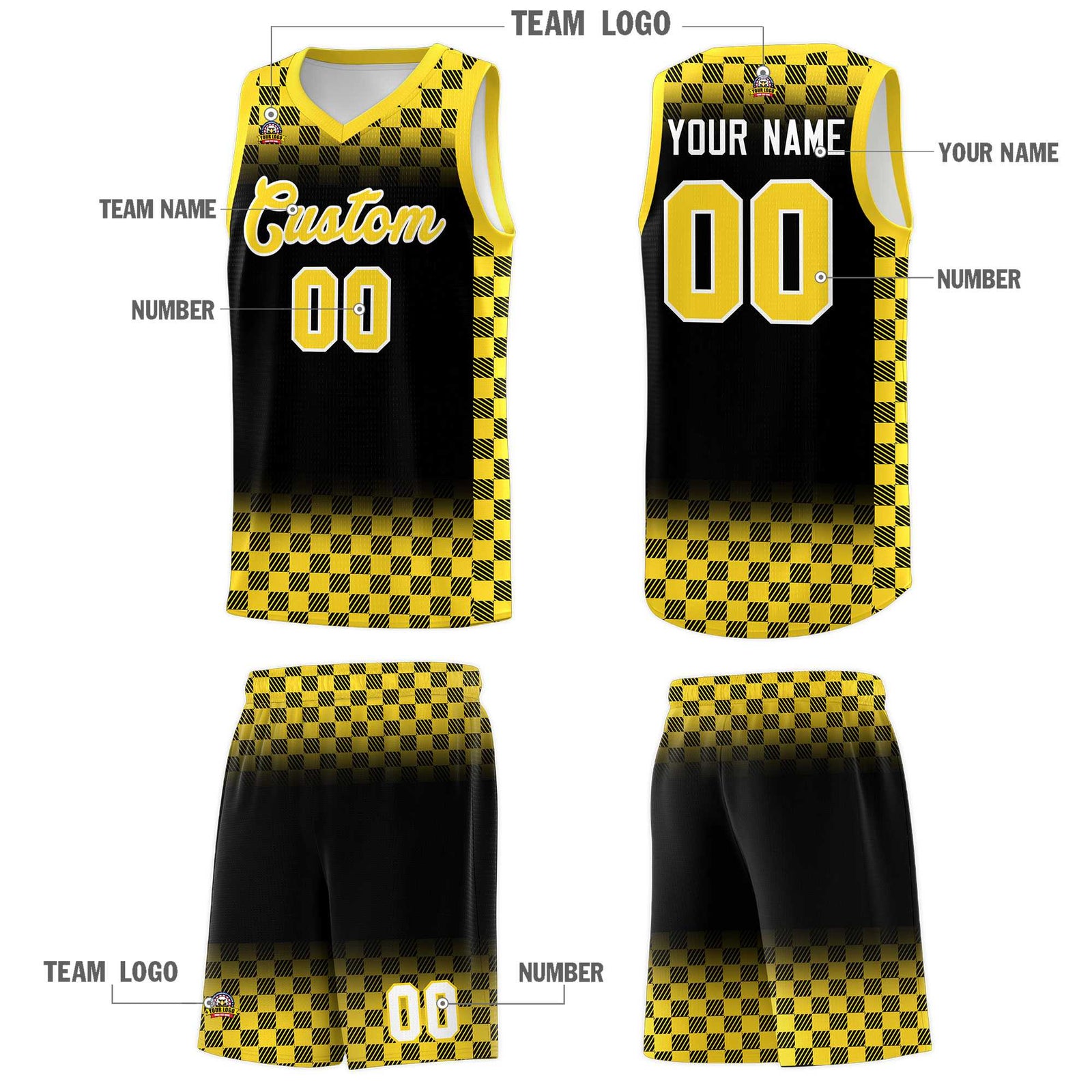 Custom Black Gold Classic Plaid Pattern Sports Uniform Basketball Jersey