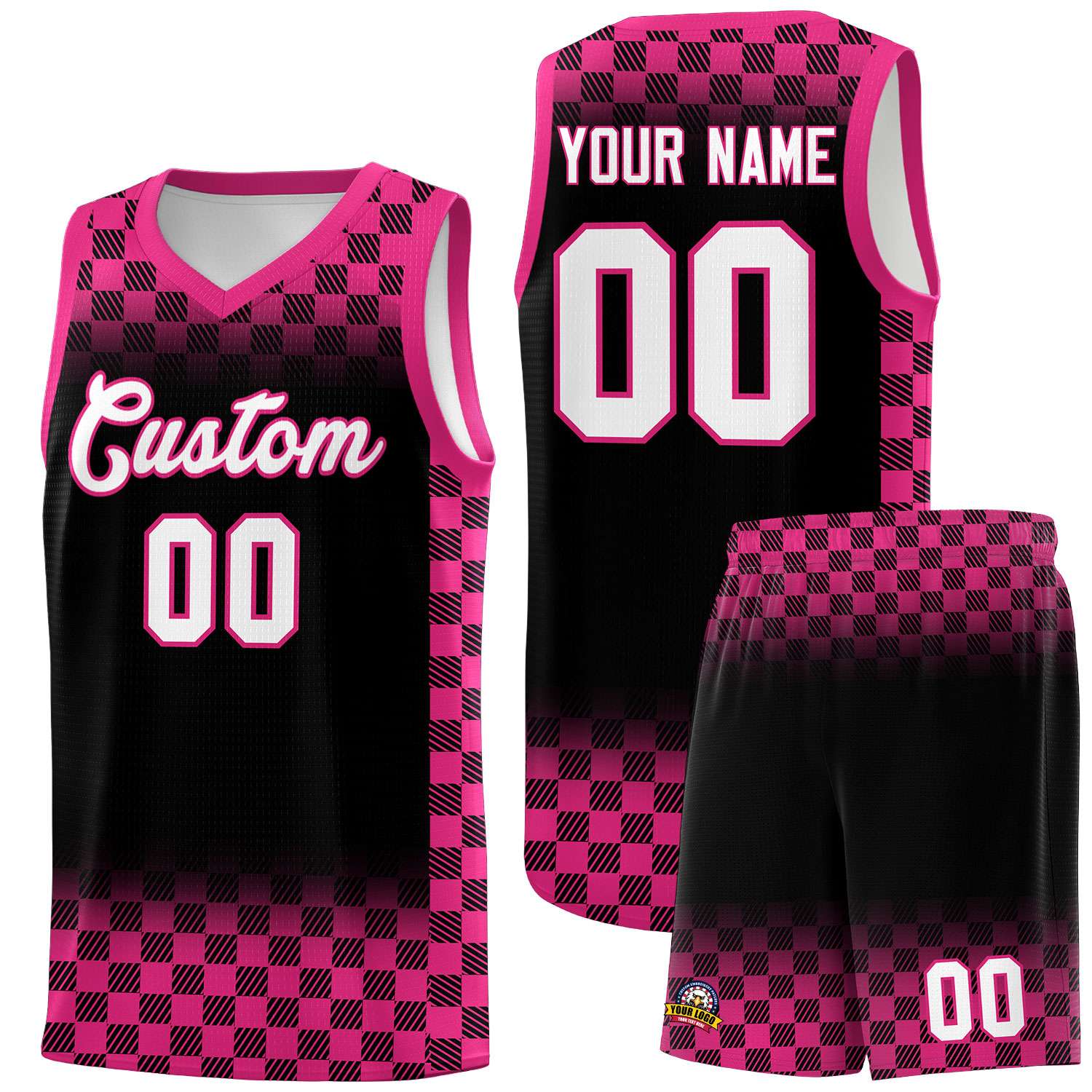 Custom Black Pink Classic Plaid Pattern Sports Uniform Basketball Jersey