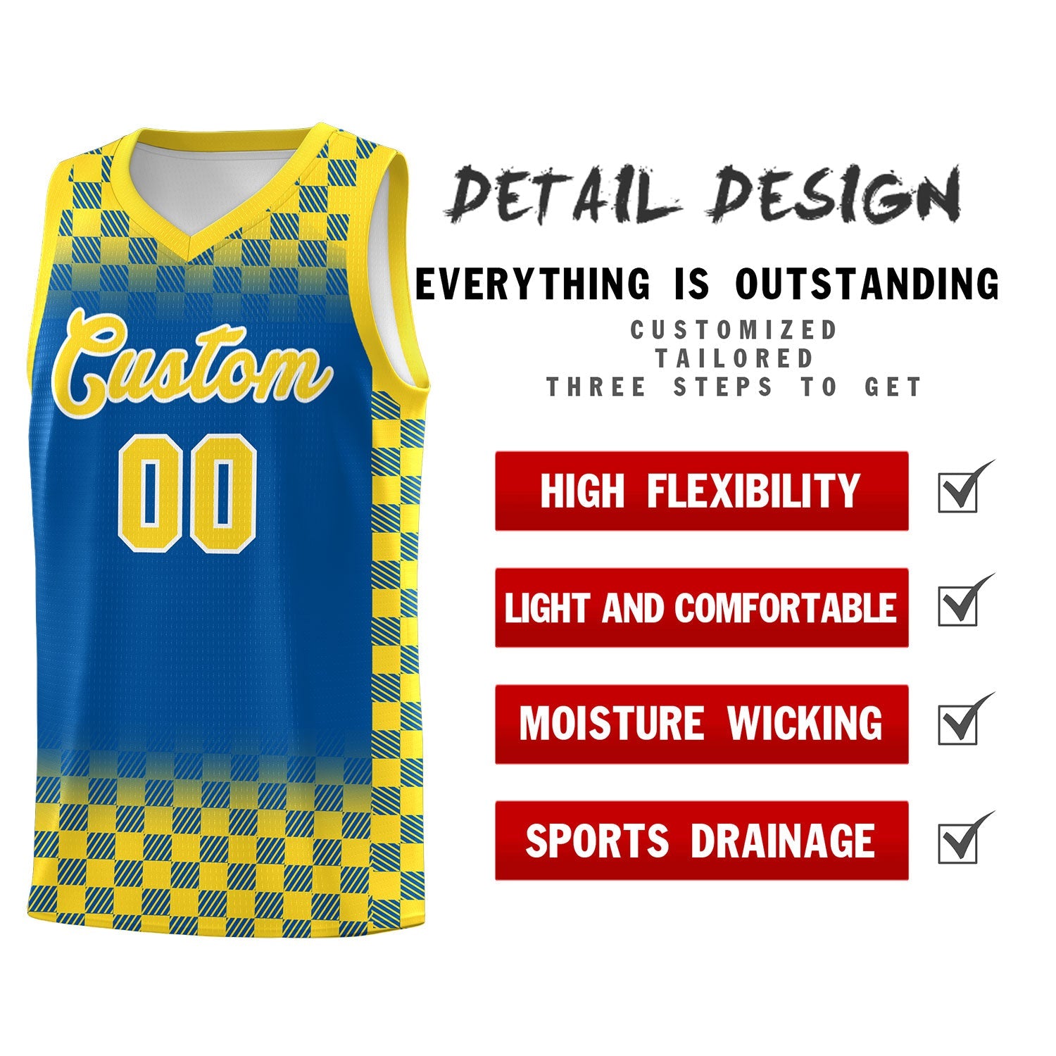 Custom Royal Gold Classic Plaid Pattern Sports Uniform Basketball Jersey