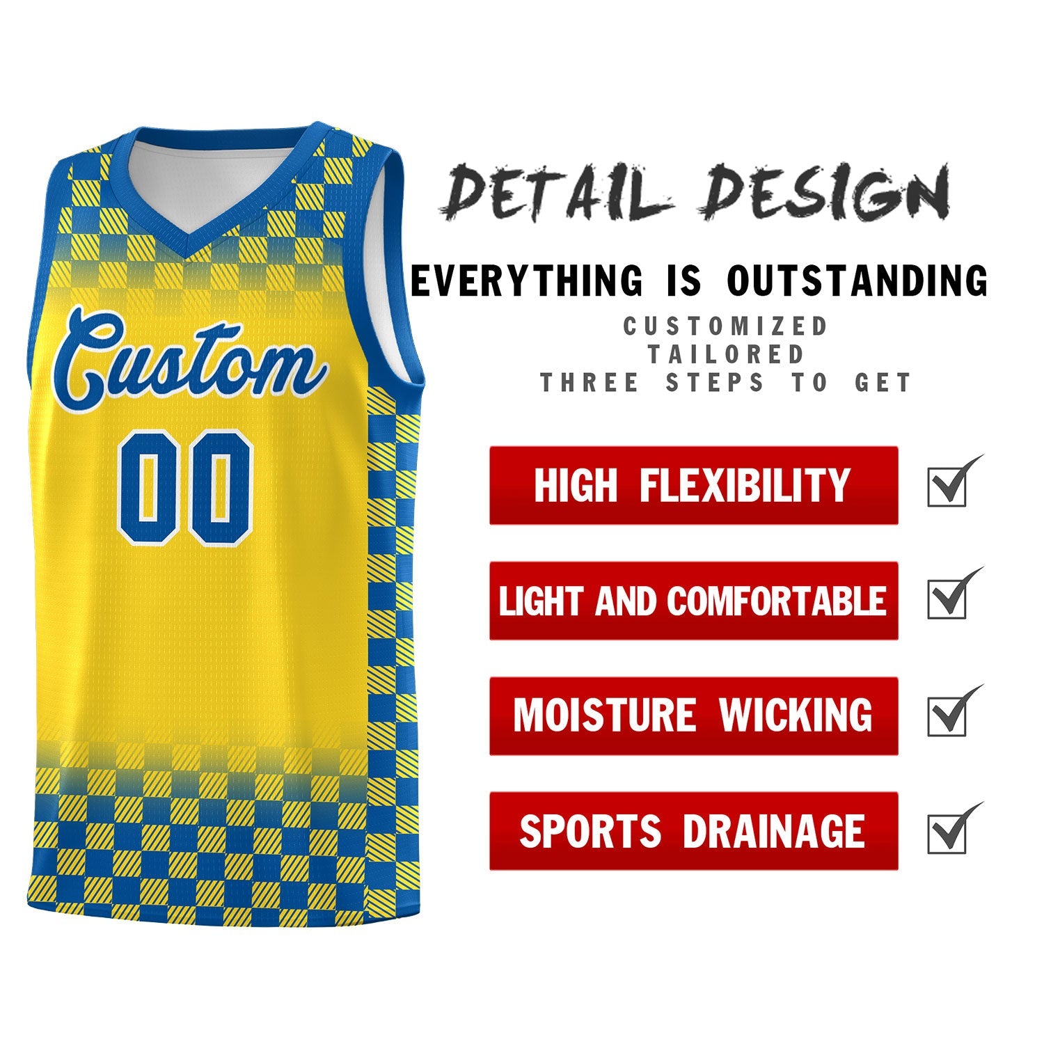 Custom Gold Royal Classic Plaid Pattern Sports Uniform Basketball Jersey
