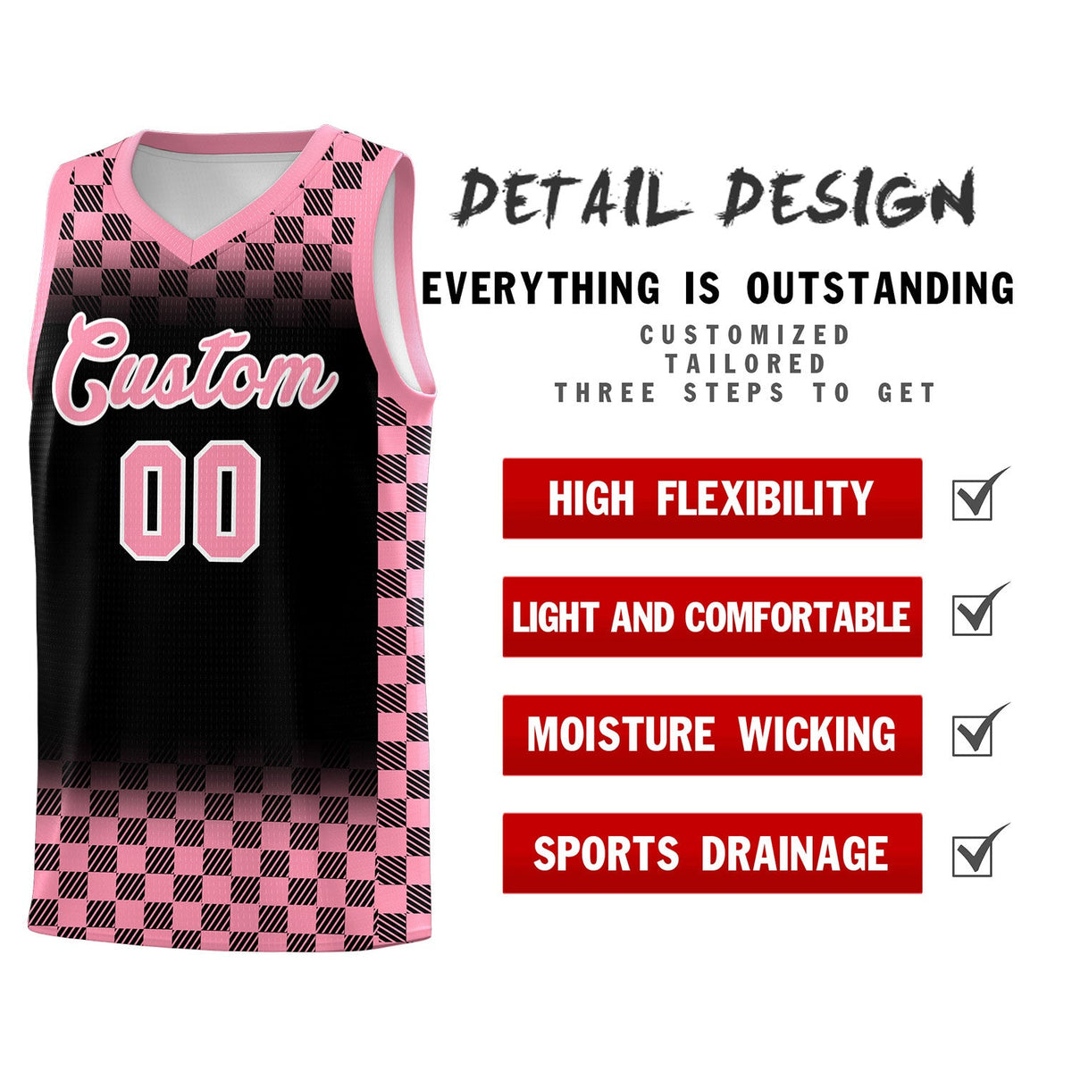 Custom Black Light Pink Classic Plaid Pattern Sports Uniform Basketball Jersey
