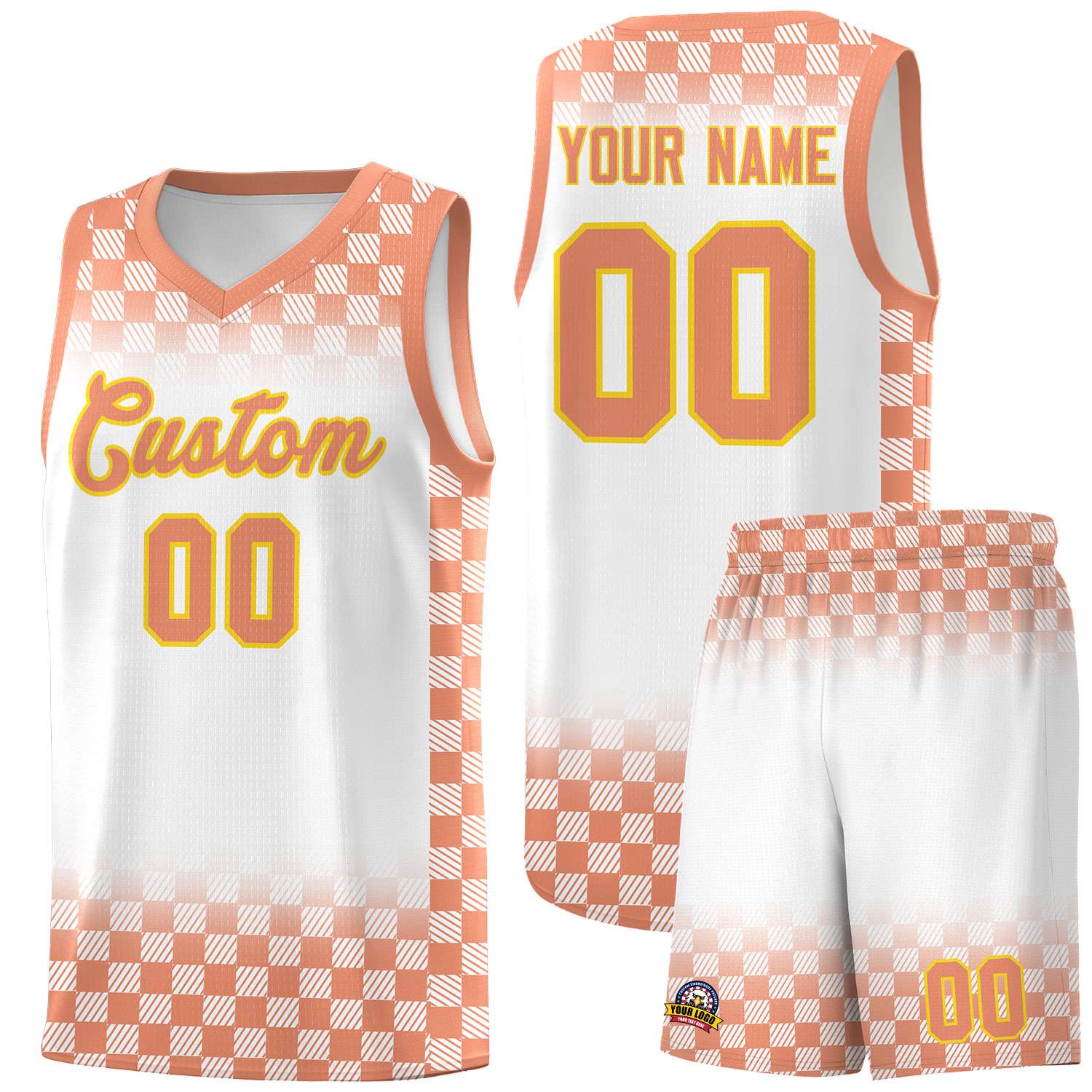 Custom White Light Orange Classic Plaid Pattern Sports Uniform Basketball Jersey