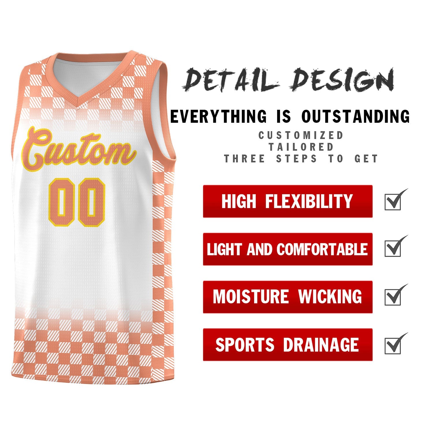 Custom White Light Orange Classic Plaid Pattern Sports Uniform Basketball Jersey