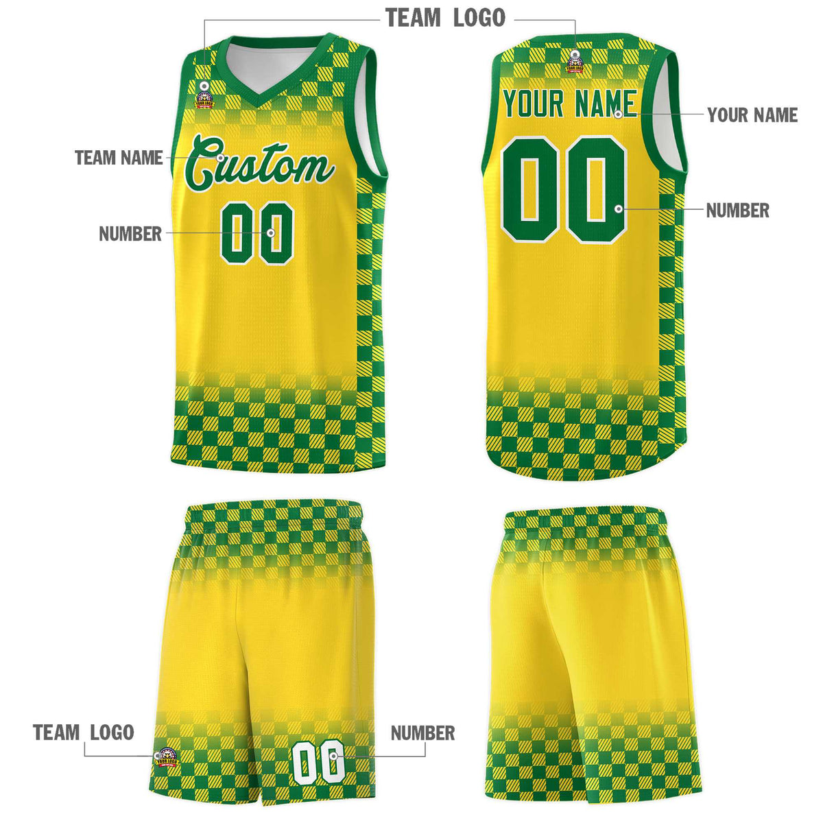 Custom Gold Kelly Green Classic Plaid Pattern Sports Uniform Basketball Jersey