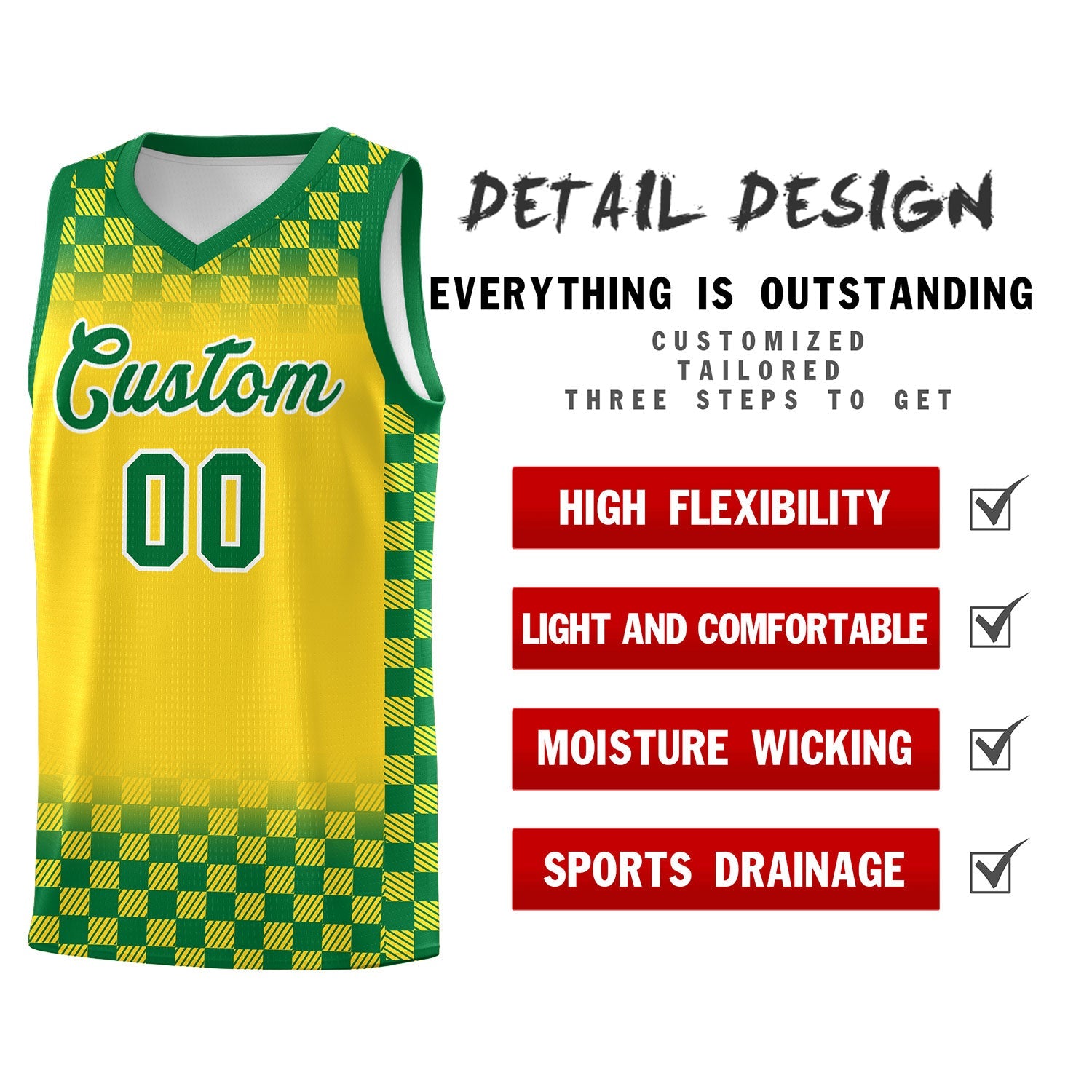 Custom Gold Kelly Green Classic Plaid Pattern Sports Uniform Basketball Jersey