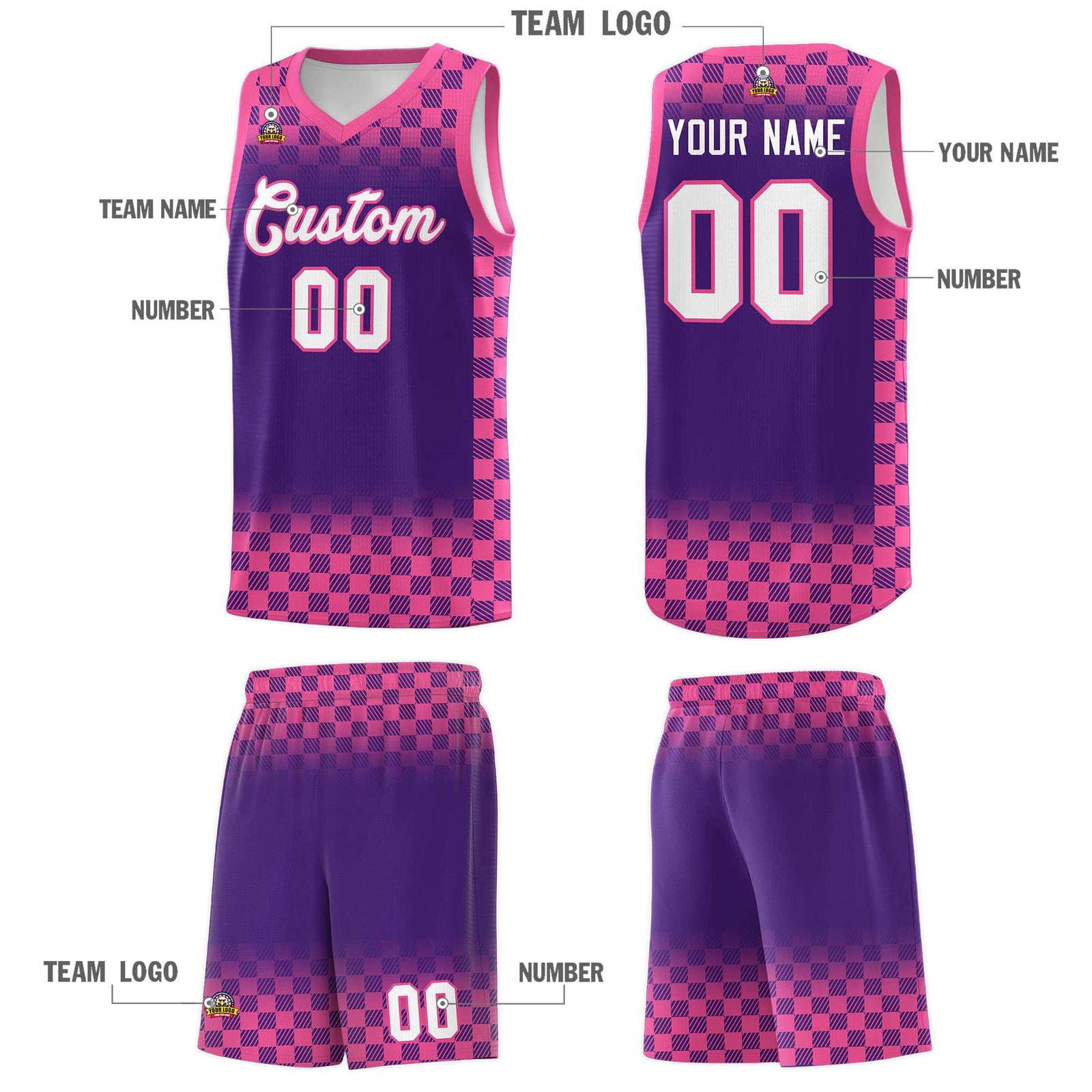 Custom Purple Pink Classic Plaid Pattern Sports Uniform Basketball Jersey