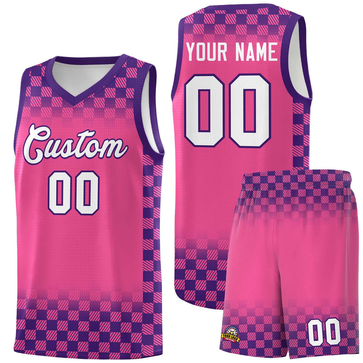 Custom Pink Purple Classic Plaid Pattern Sports Uniform Basketball Jersey