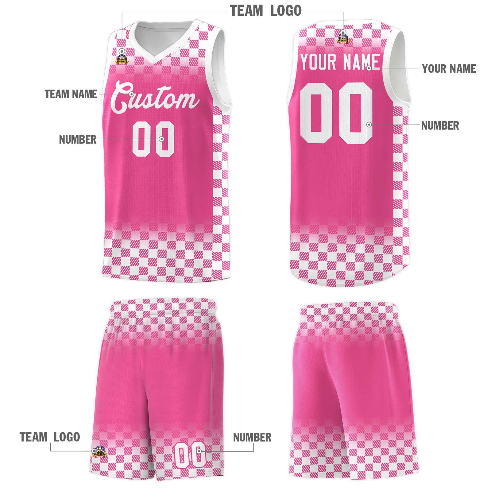 Custom Pink White Classic Plaid Pattern Sports Uniform Basketball Jersey