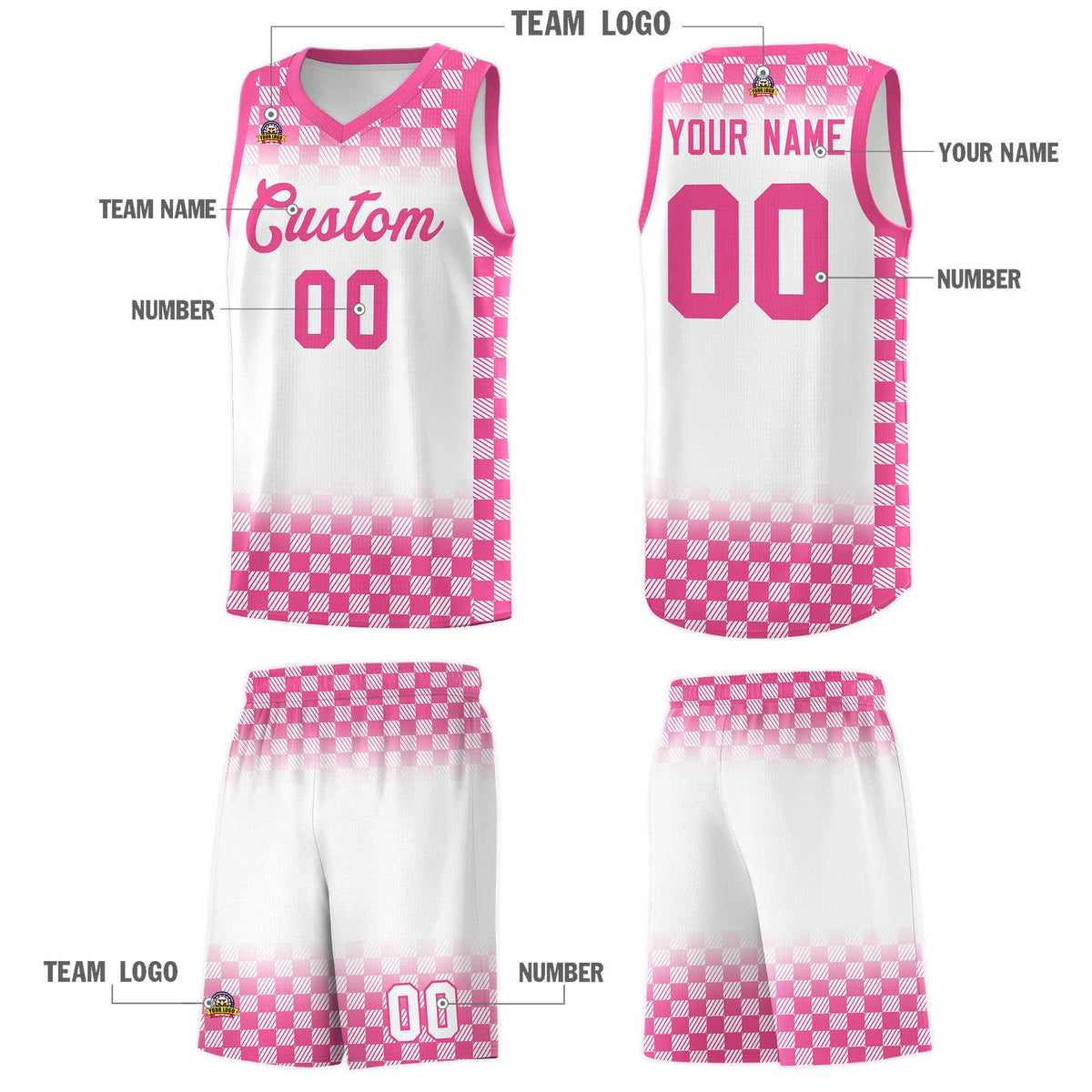 Custom White Pink Classic Plaid Pattern Sports Uniform Basketball Jersey