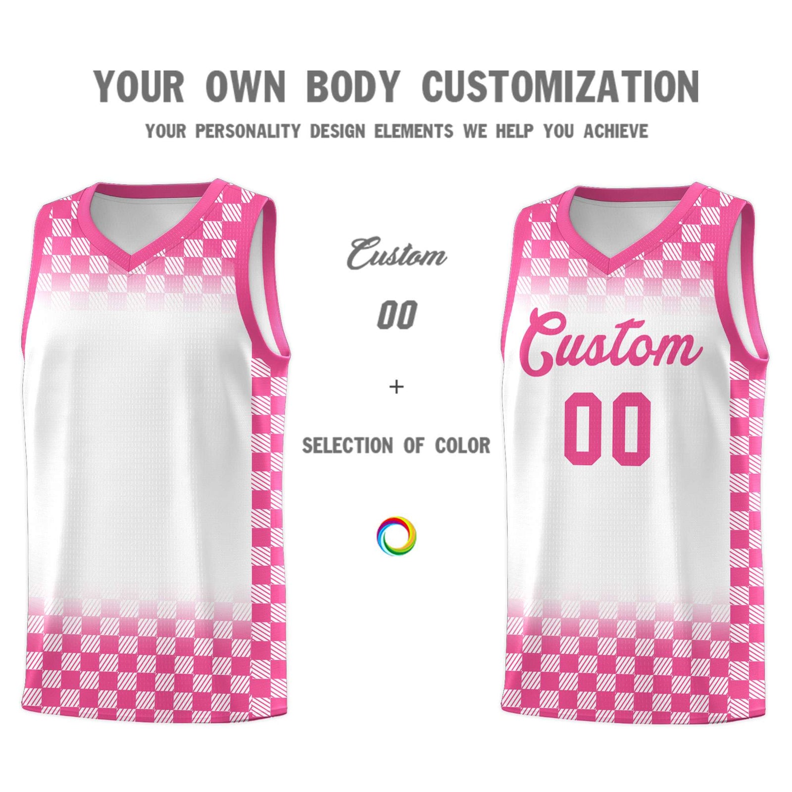 Custom White Pink Classic Plaid Pattern Sports Uniform Basketball Jersey