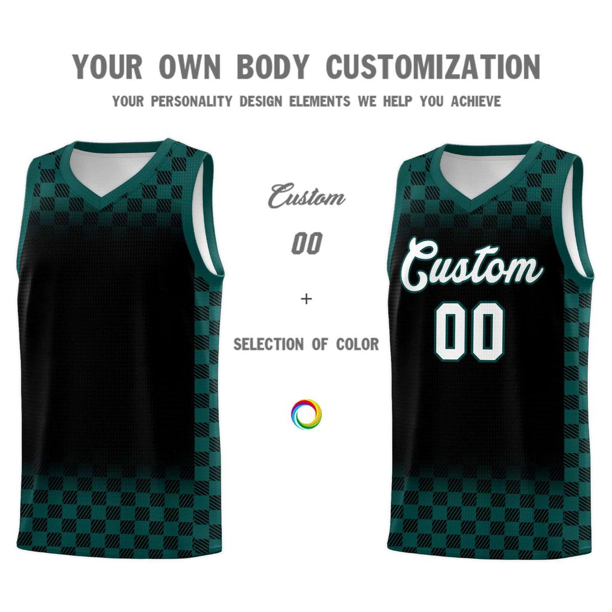 Custom Black Midnight Green Classic Plaid Pattern Sports Uniform Basketball Jersey