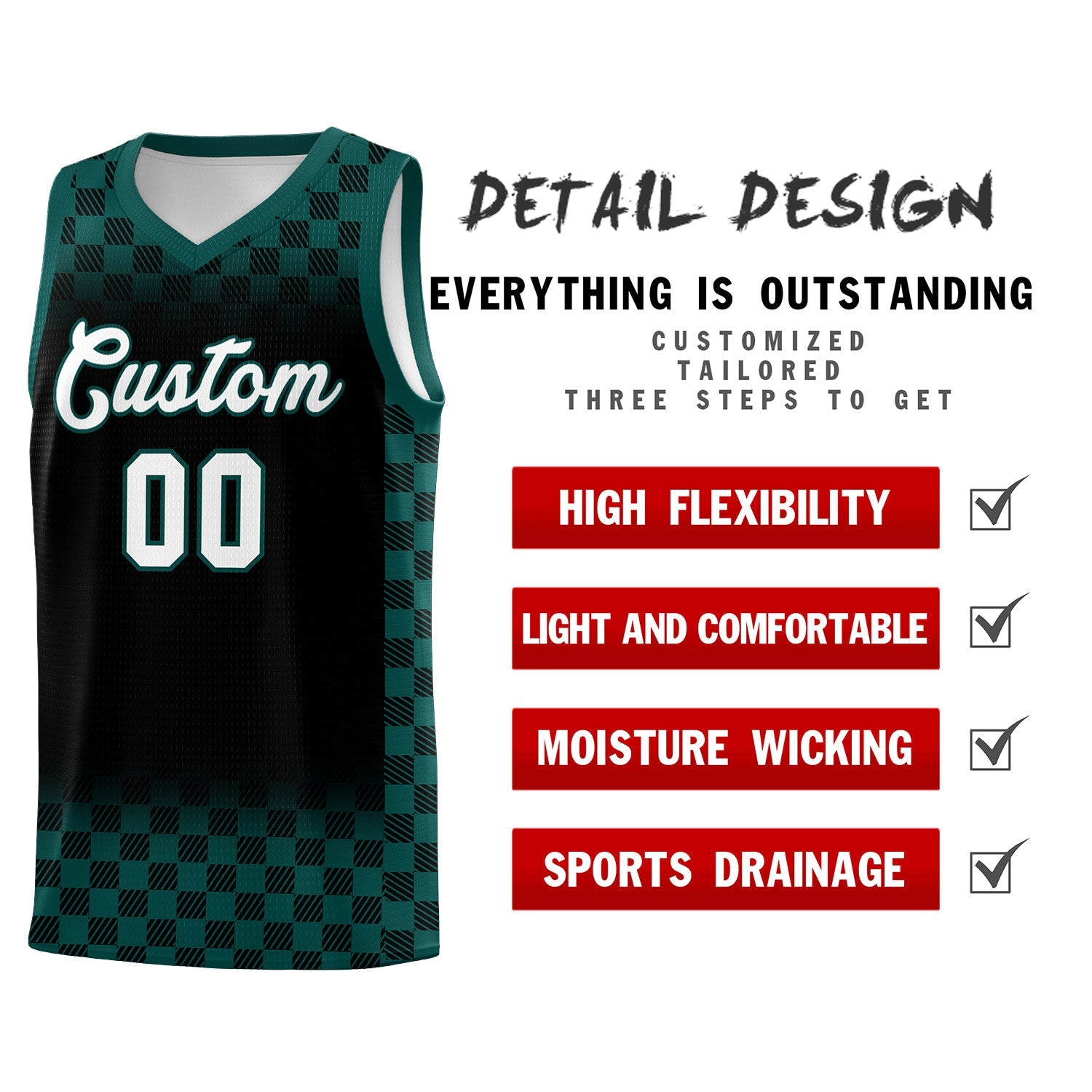 Custom Black Midnight Green Classic Plaid Pattern Sports Uniform Basketball Jersey