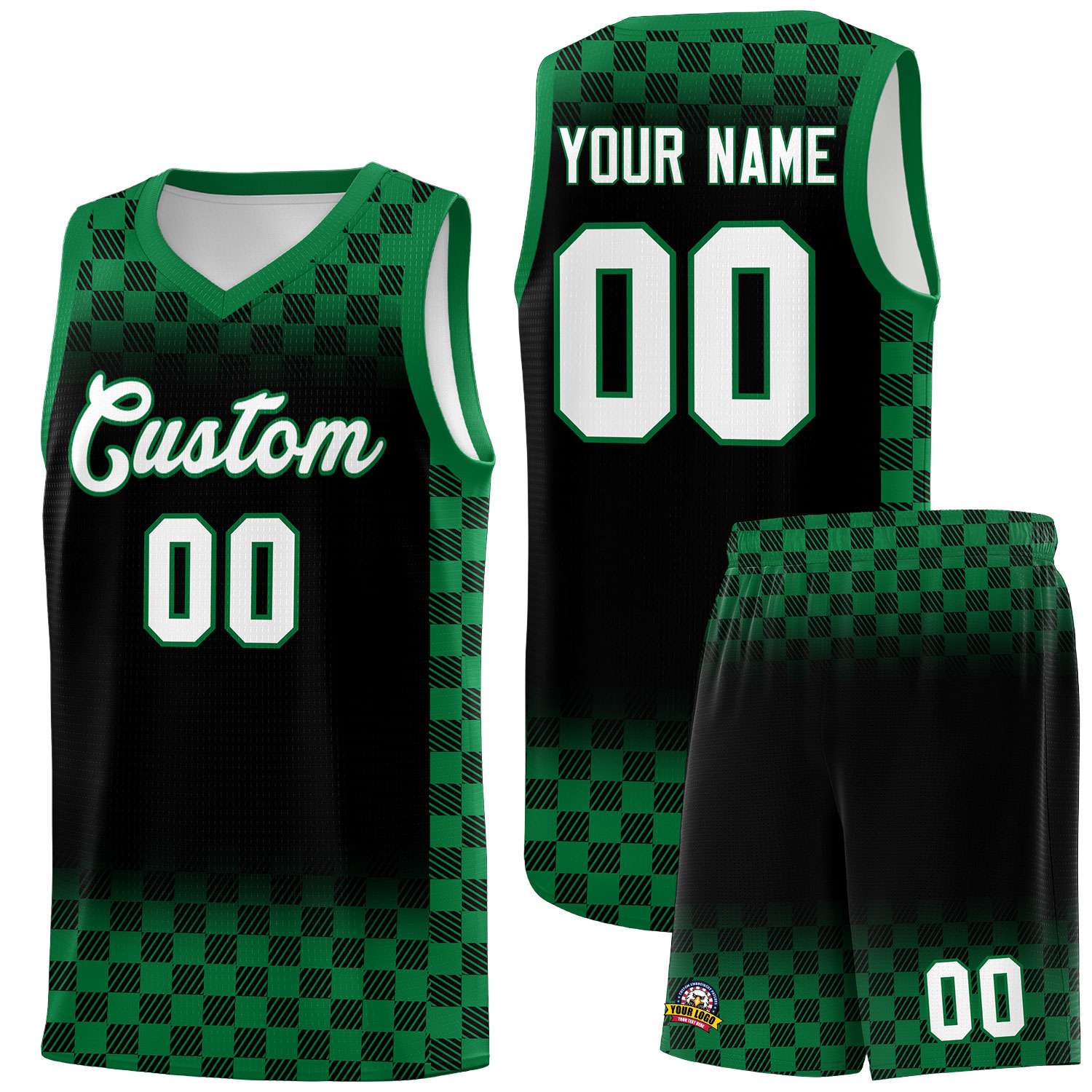 Custom Black Kelly Green Classic Plaid Pattern Sports Uniform Basketball Jersey
