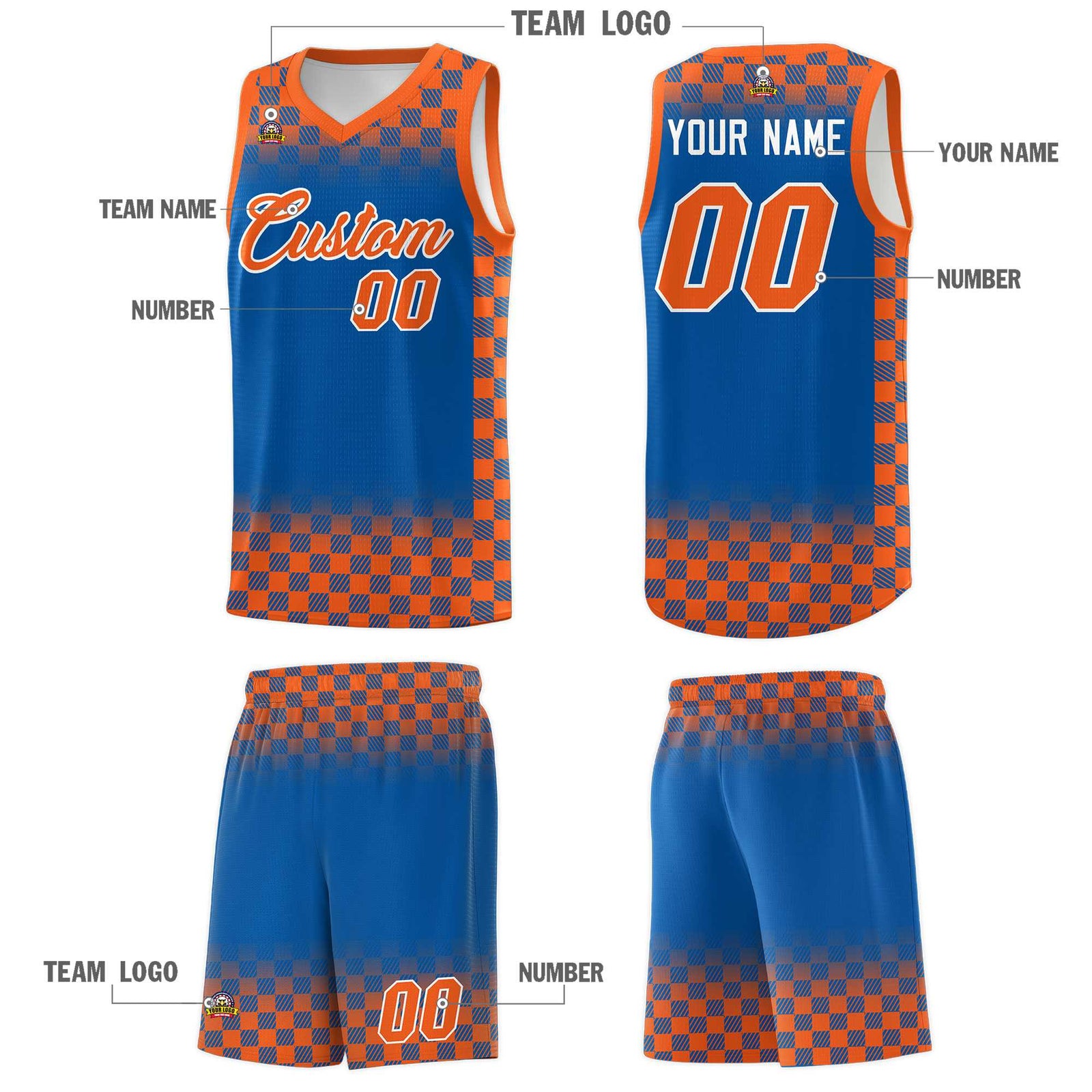 Custom Royal Orange Classic Plaid Pattern Sports Uniform Basketball Jersey