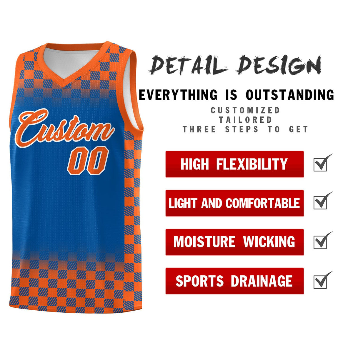 Custom Royal Orange Classic Plaid Pattern Sports Uniform Basketball Jersey