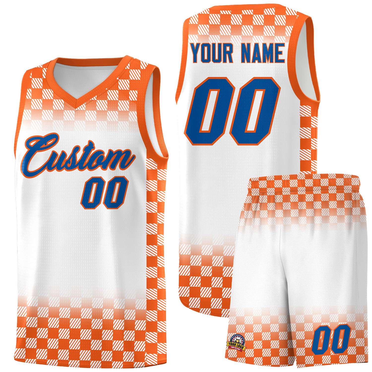 Custom White Orange Classic Plaid Pattern Sports Uniform Basketball Jersey