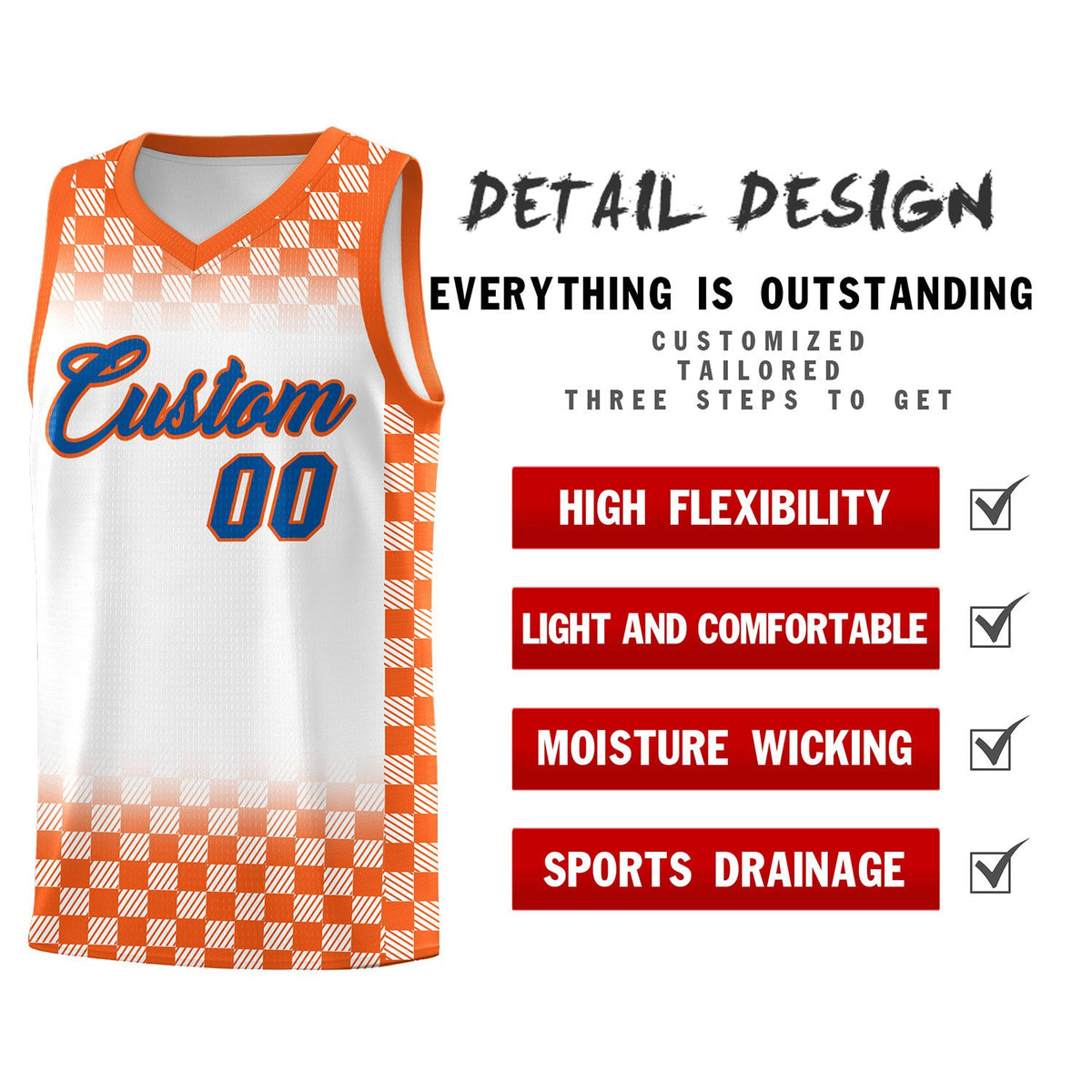 Custom White Orange Classic Plaid Pattern Sports Uniform Basketball Jersey