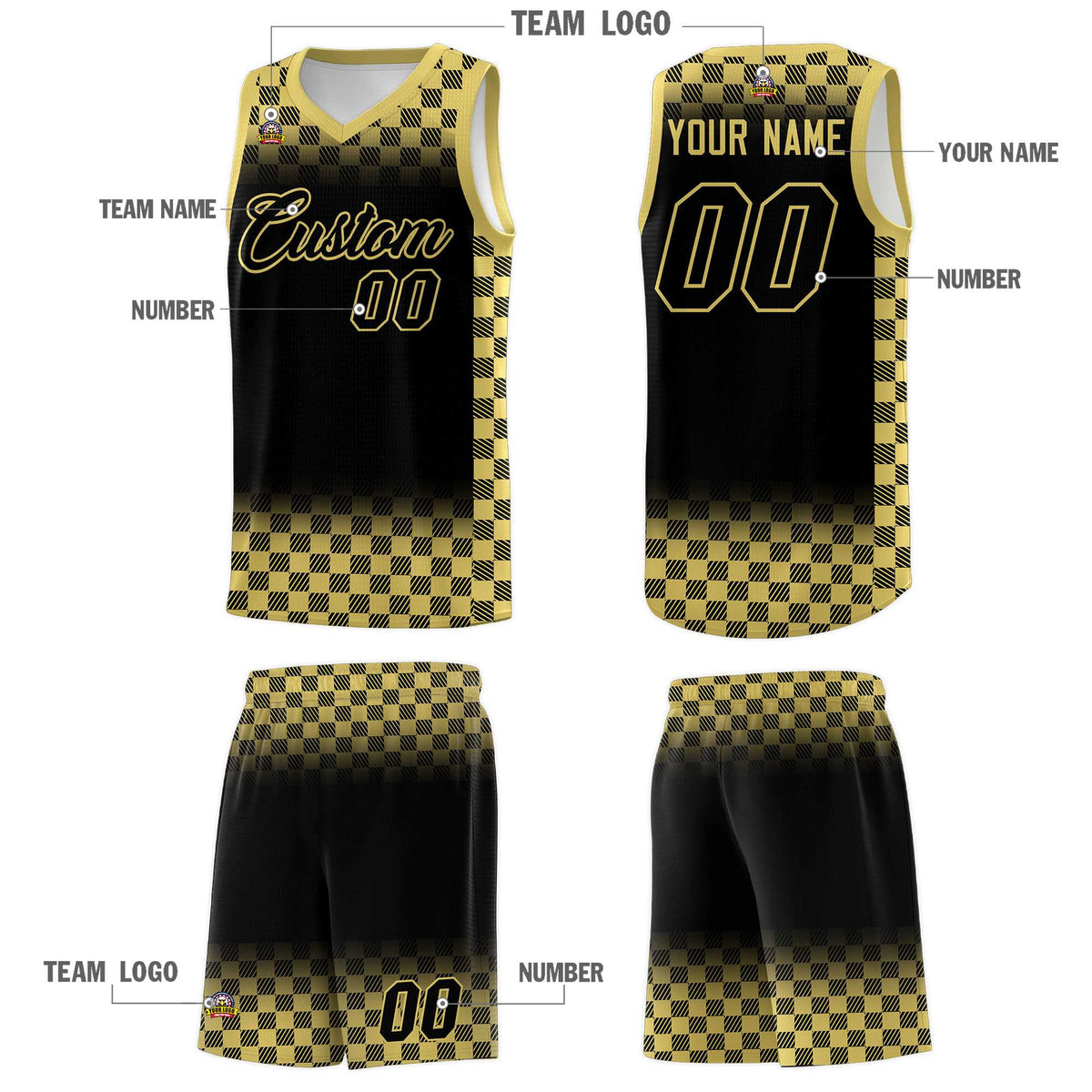 Custom Black Old Gold Classic Plaid Pattern Sports Uniform Basketball Jersey