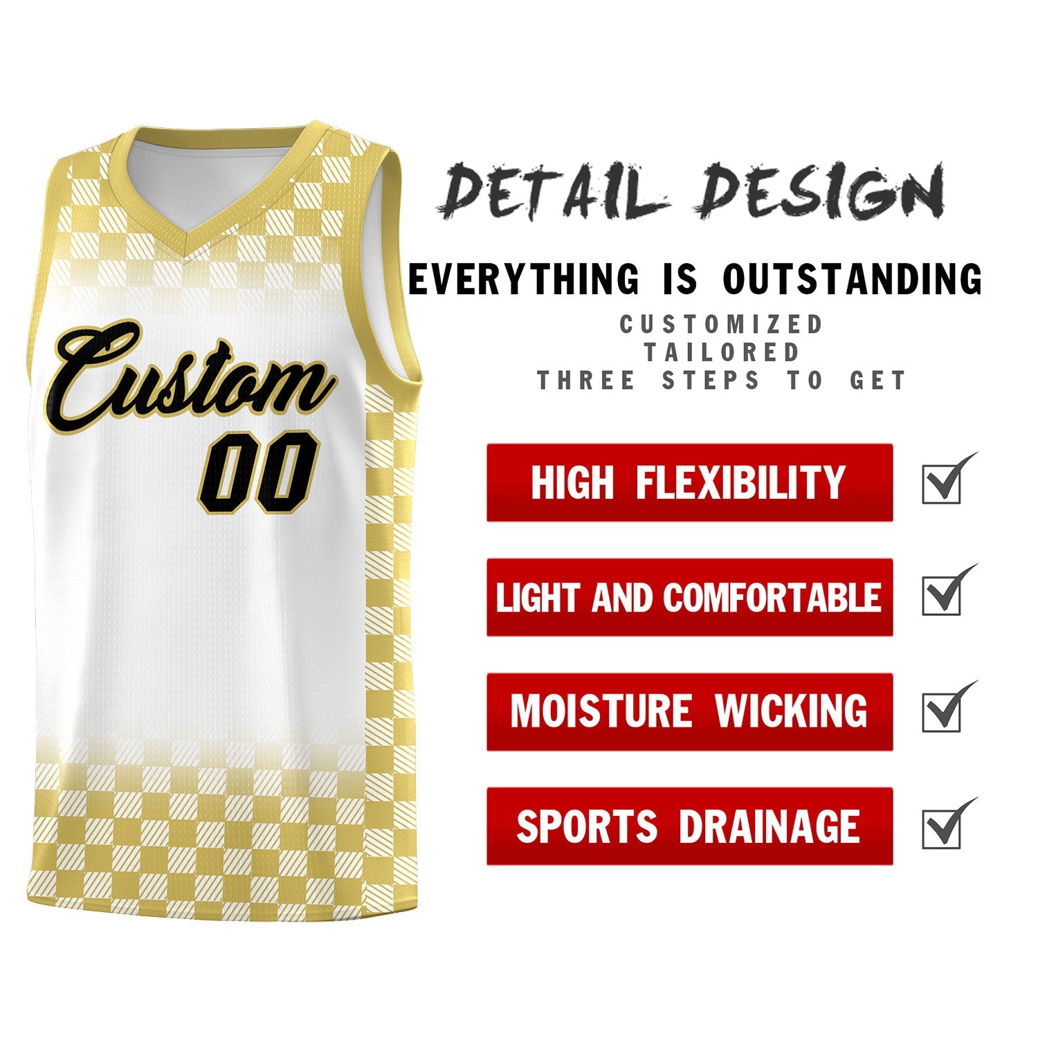 Custom White Old Gold Classic Plaid Pattern Sports Uniform Basketball Jersey