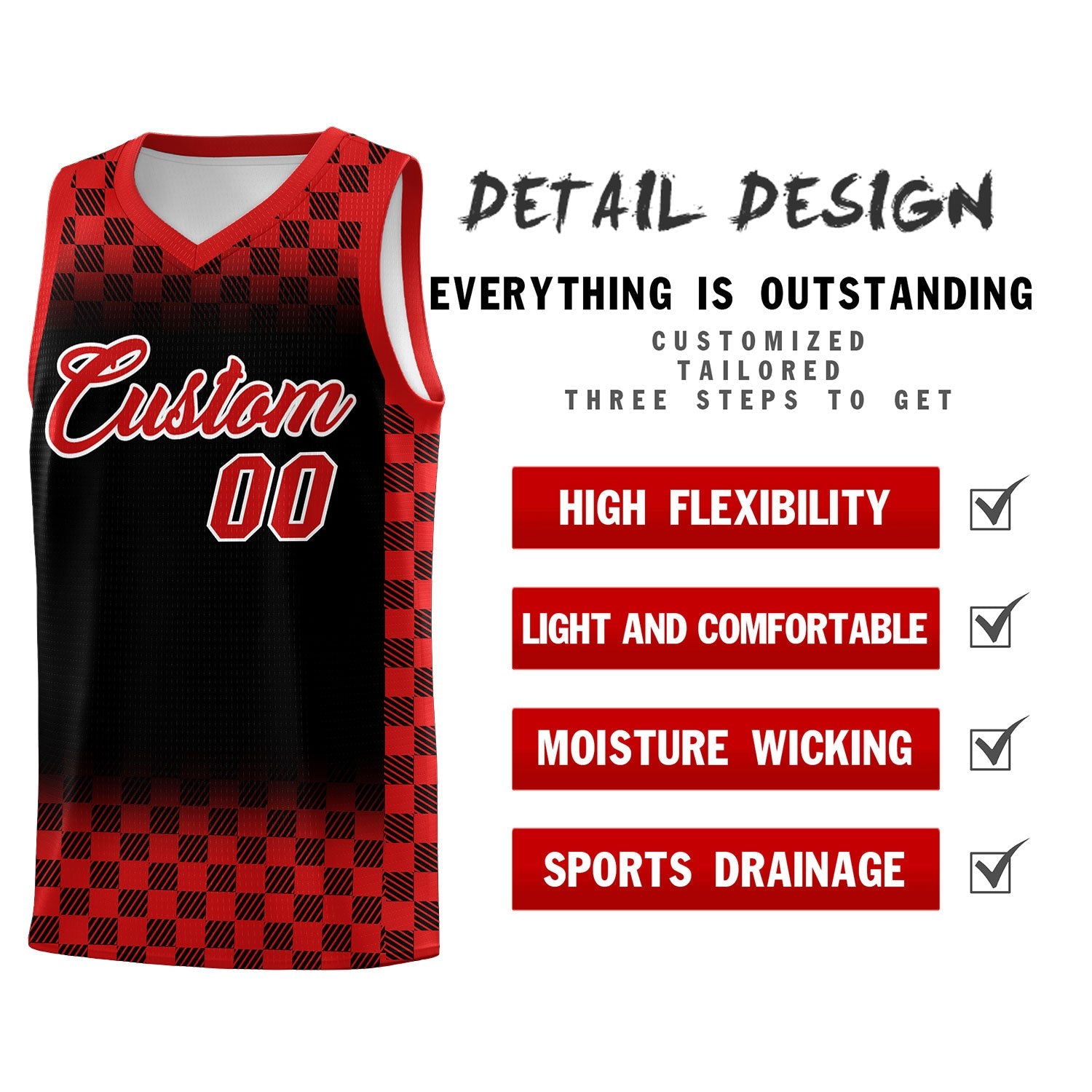 Custom Black Red Classic Plaid Pattern Sports Uniform Basketball Jersey