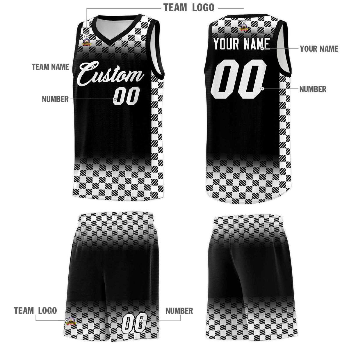 Custom Black White Classic Plaid Pattern Sports Uniform Basketball Jersey