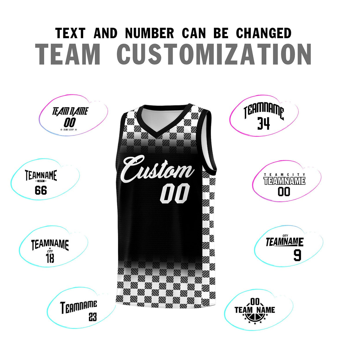 Custom Black White Classic Plaid Pattern Sports Uniform Basketball Jersey