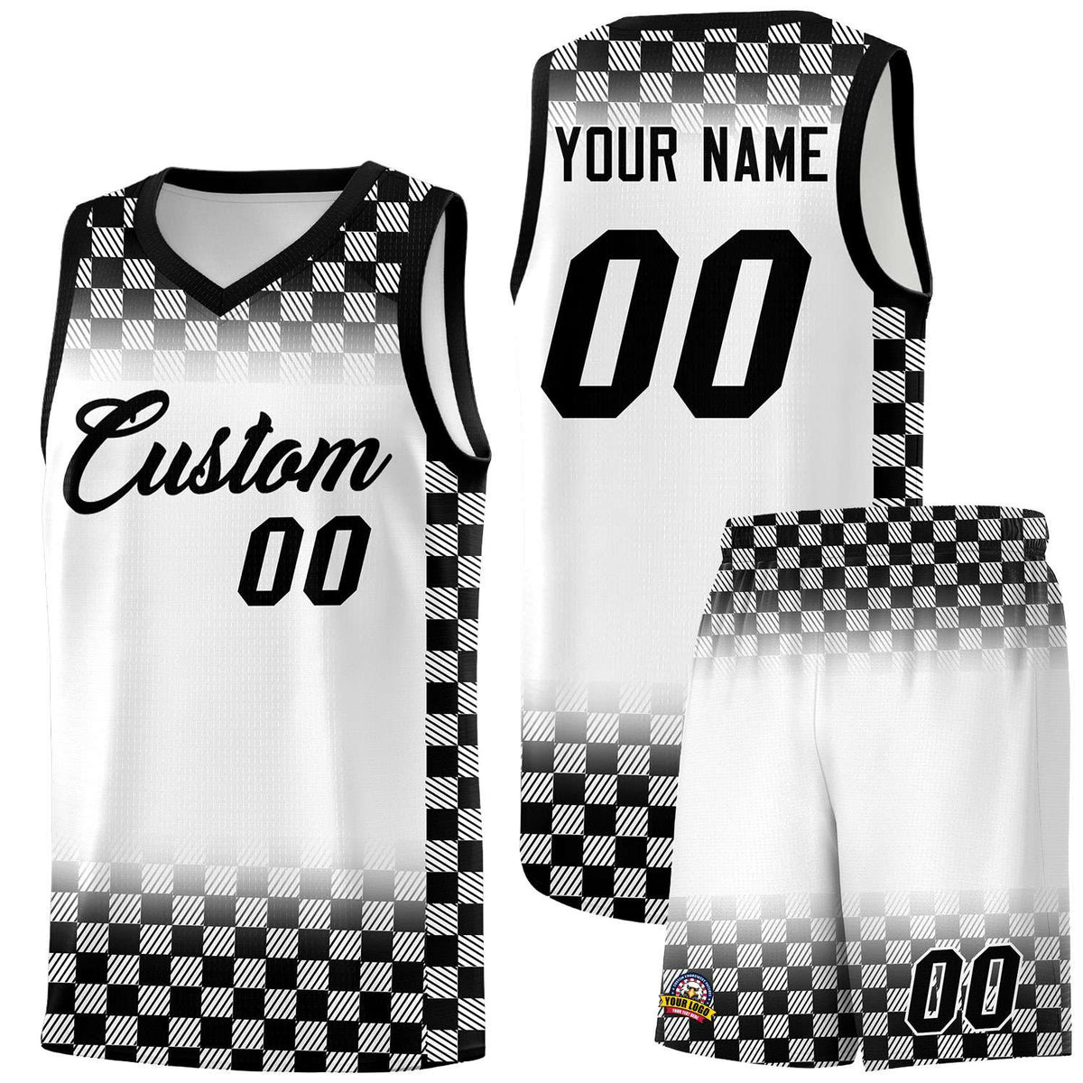 Custom White Black Classic Plaid Pattern Sports Uniform Basketball Jersey