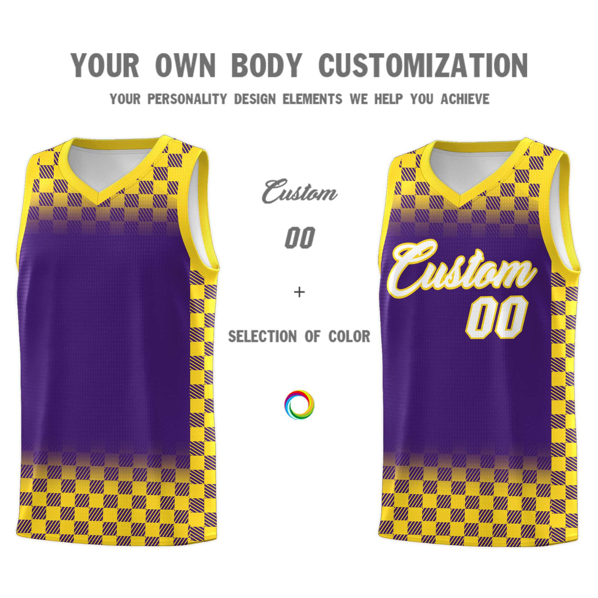 Custom Purple Gold Classic Plaid Pattern Sports Uniform Basketball Jersey