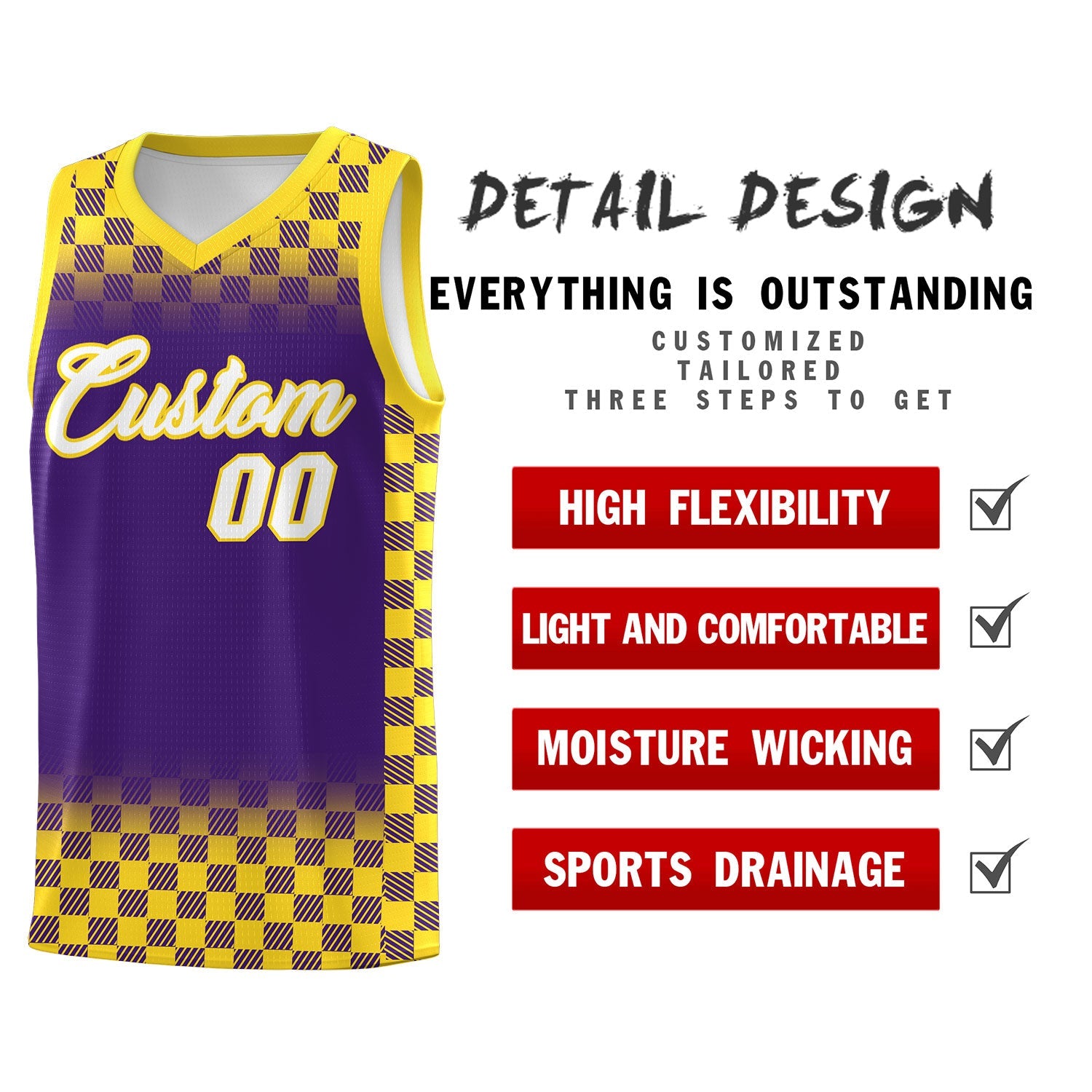 Custom Purple Gold Classic Plaid Pattern Sports Uniform Basketball Jersey