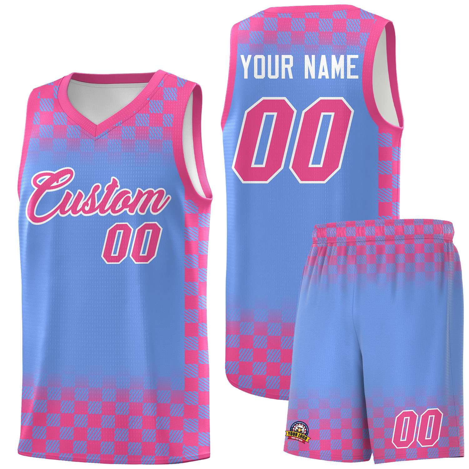 Custom Light Blue Pink Classic Plaid Pattern Sports Uniform Basketball Jersey