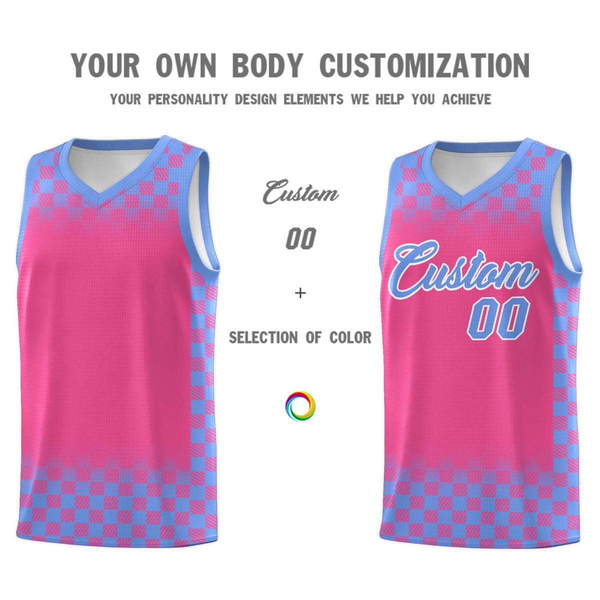 Custom Pink Light Blue Classic Plaid Pattern Sports Uniform Basketball Jersey
