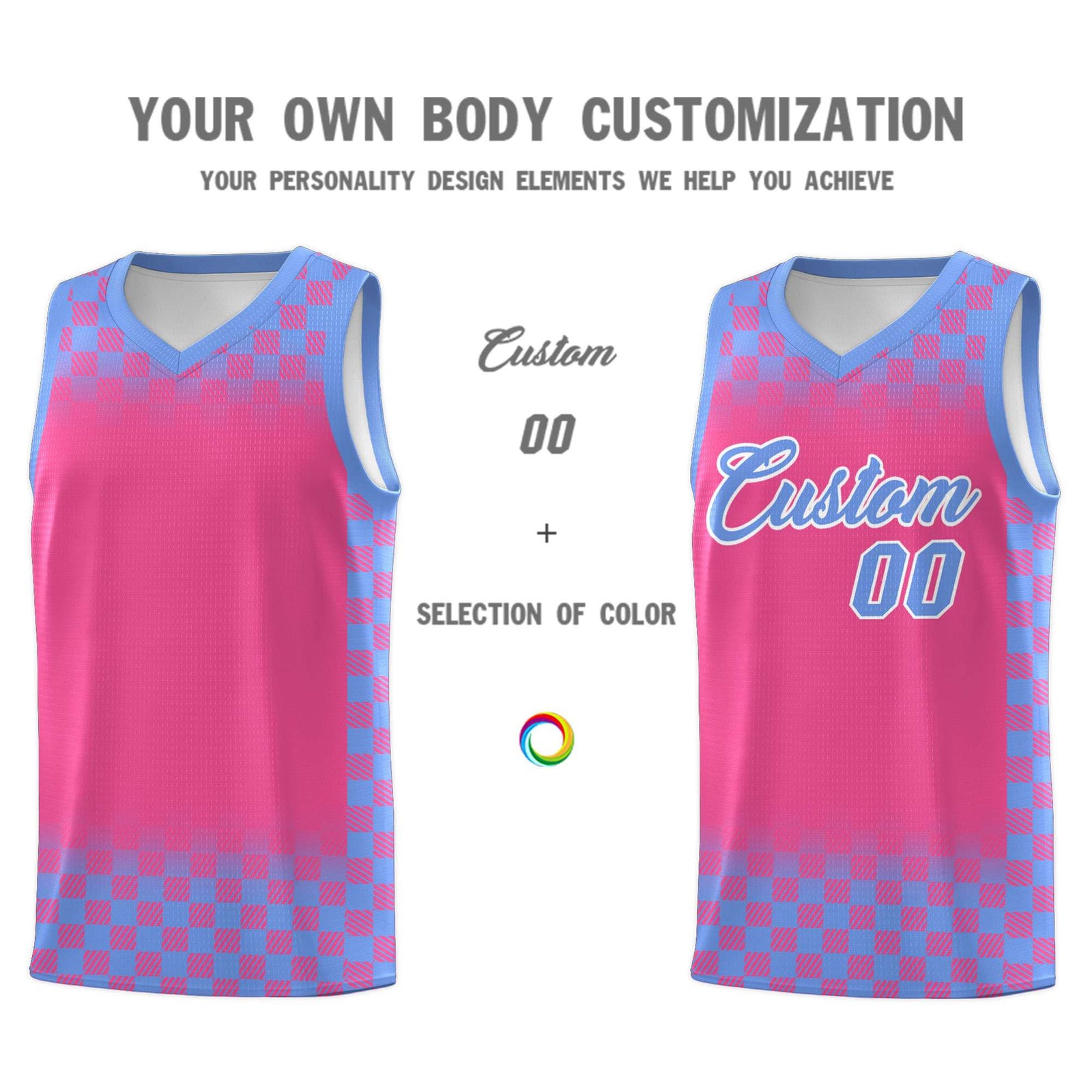 Custom Pink Light Blue Classic Plaid Pattern Sports Uniform Basketball Jersey