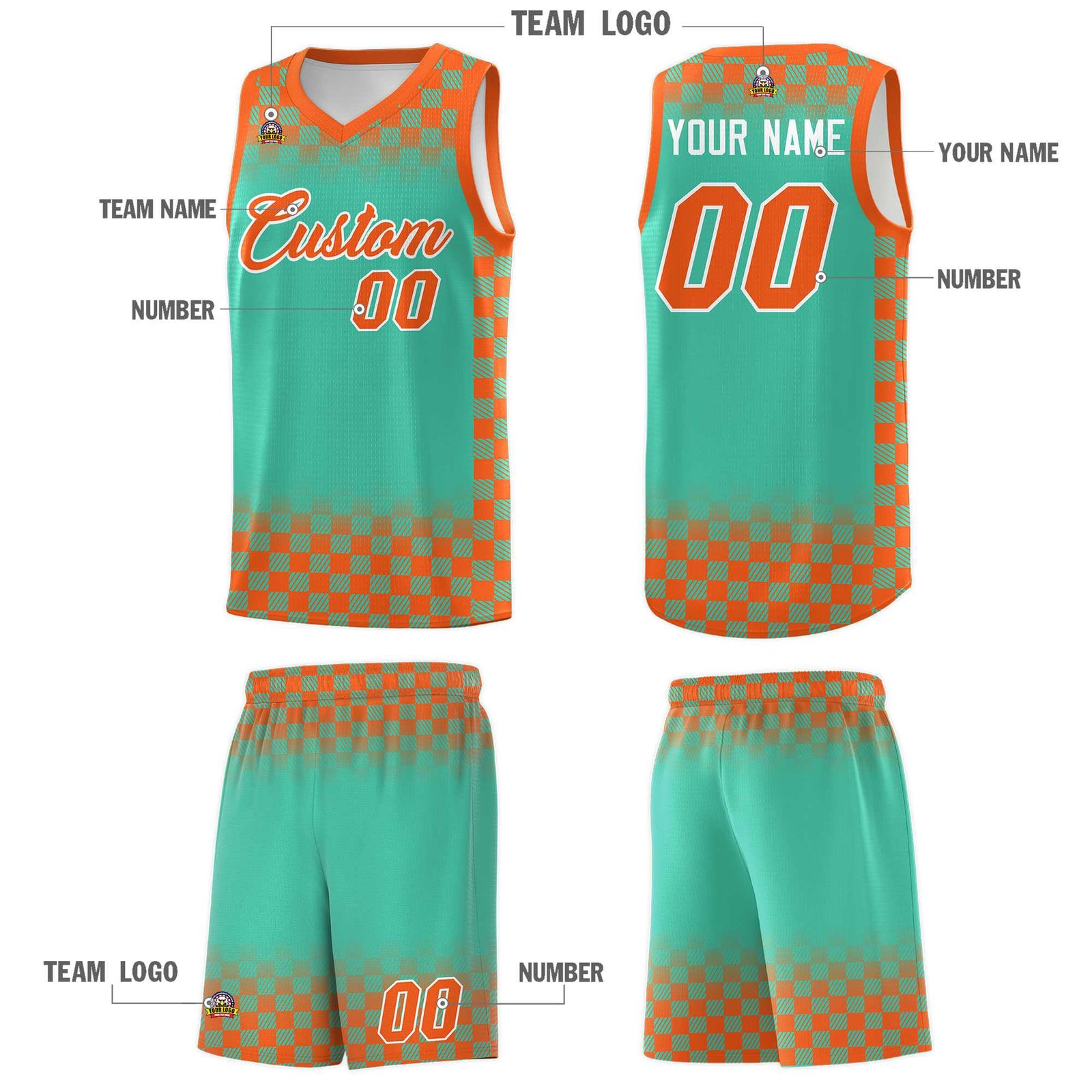 Custom Bright Green Orange Classic Plaid Pattern Sports Uniform Basketball Jersey