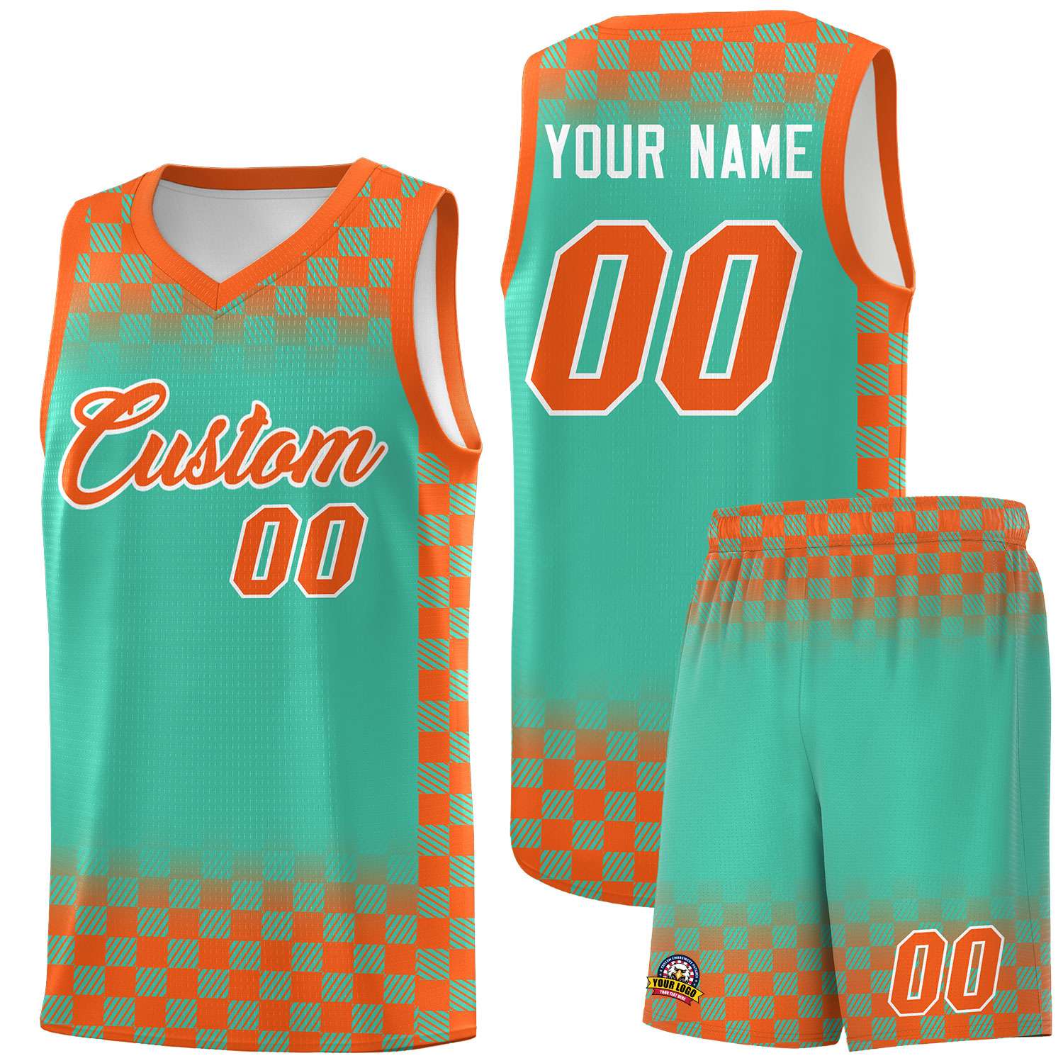 Custom Bright Green Orange Classic Plaid Pattern Sports Uniform Basketball Jersey