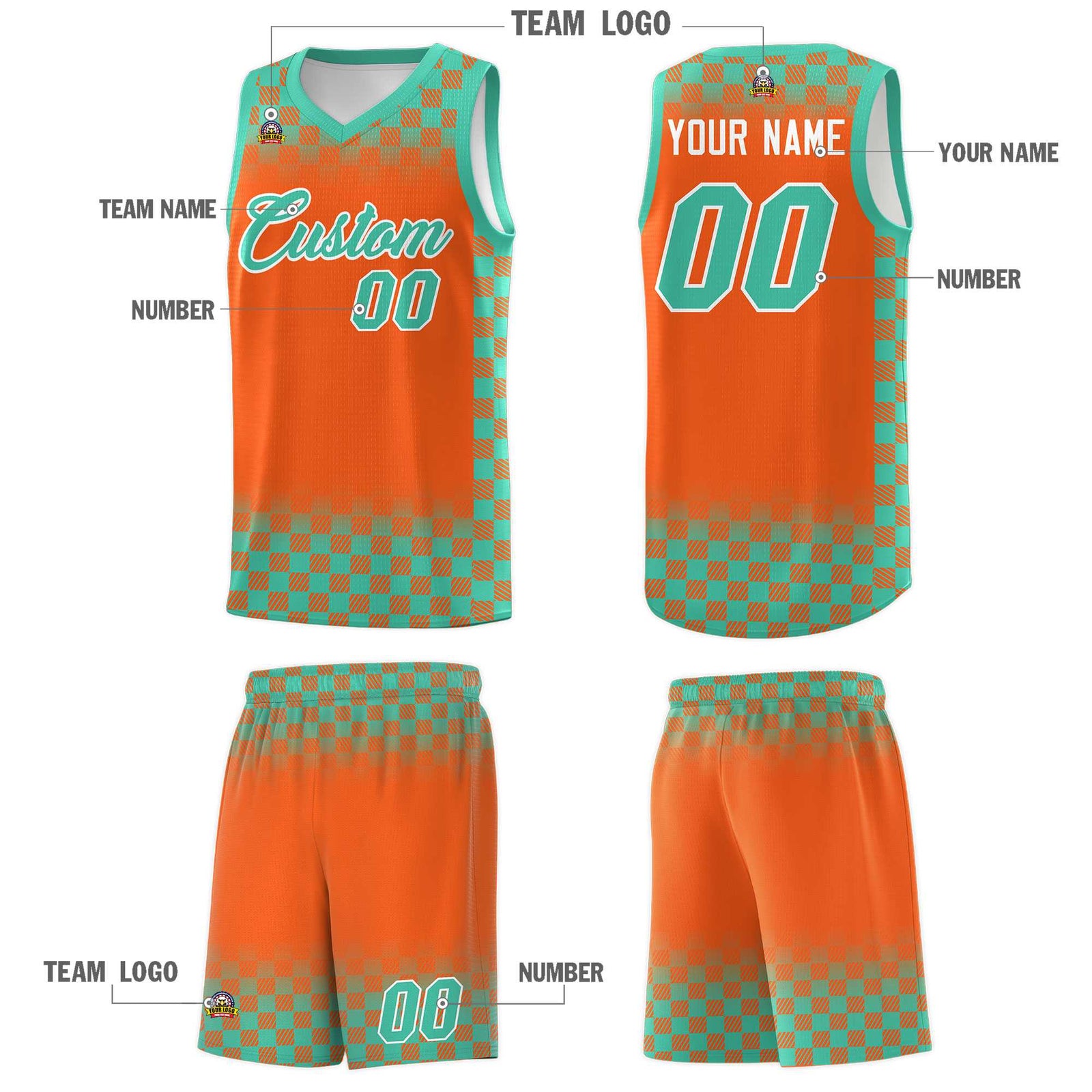 Custom Orange Bright Green Classic Plaid Pattern Sports Uniform Basketball Jersey