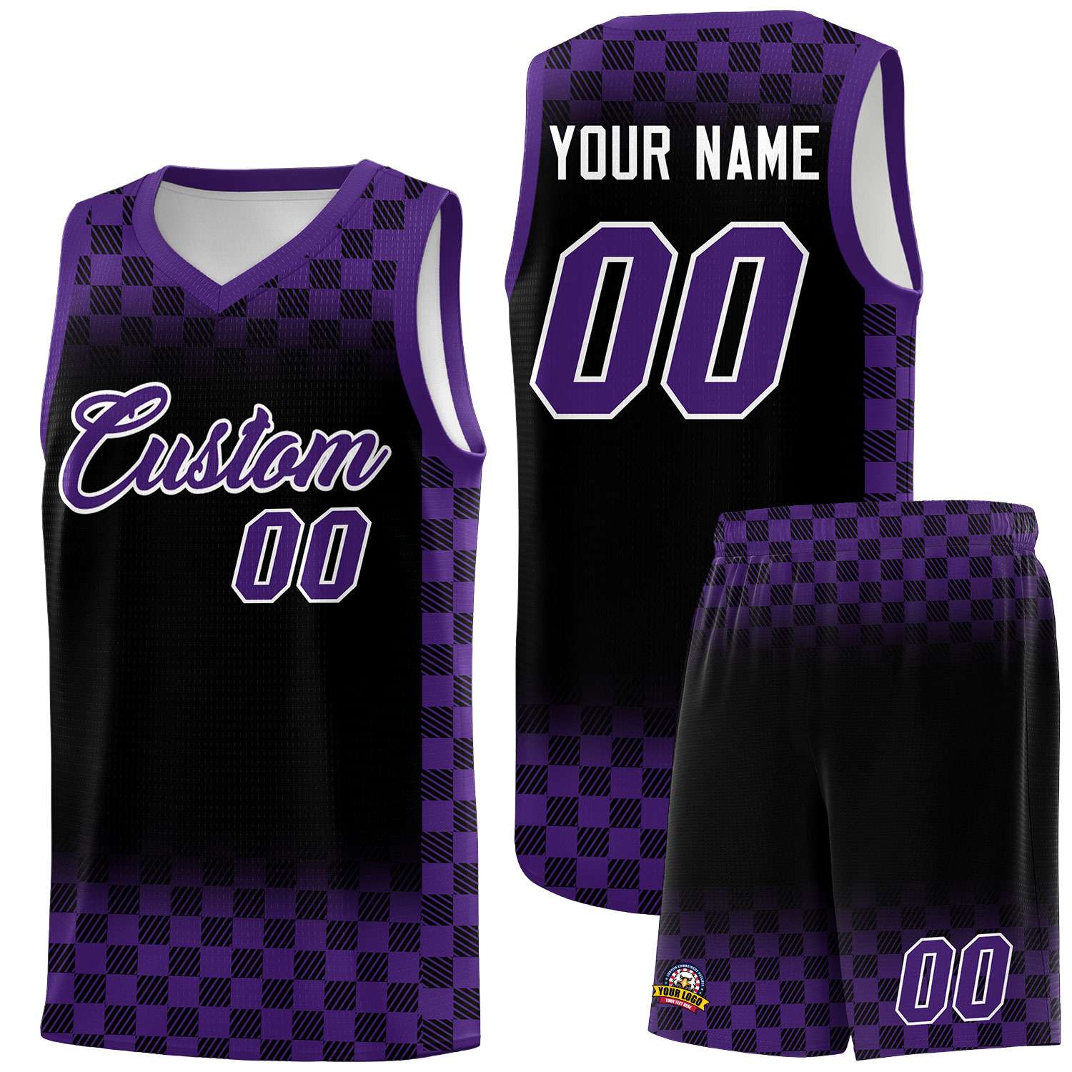 Custom Black Purple Classic Plaid Pattern Sports Uniform Basketball Jersey