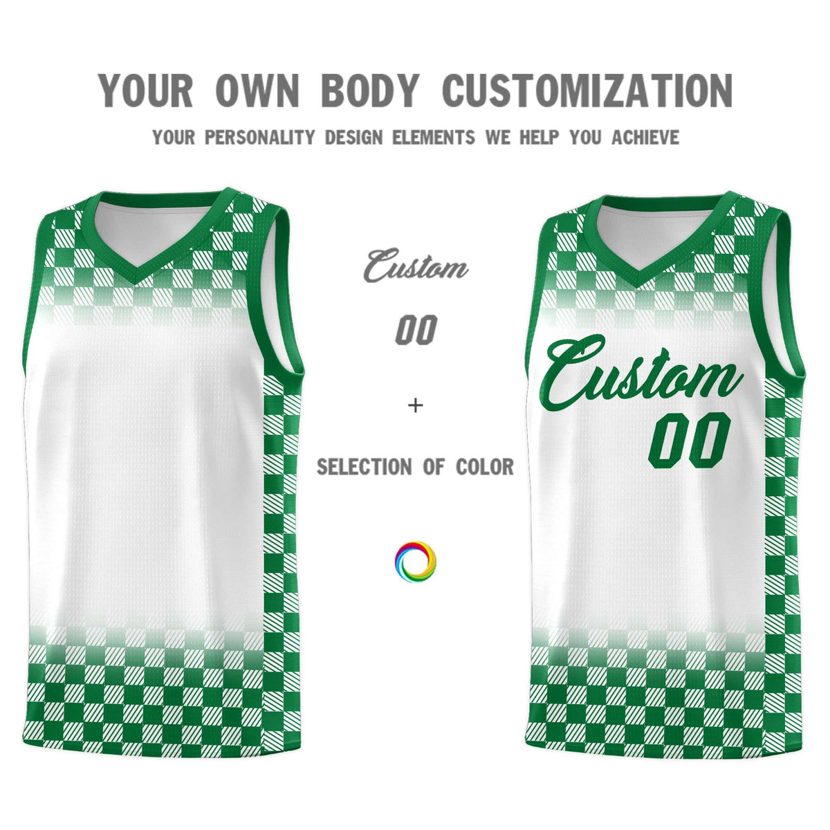 Custom White Kelly Green Classic Plaid Pattern Sports Uniform Basketball Jersey