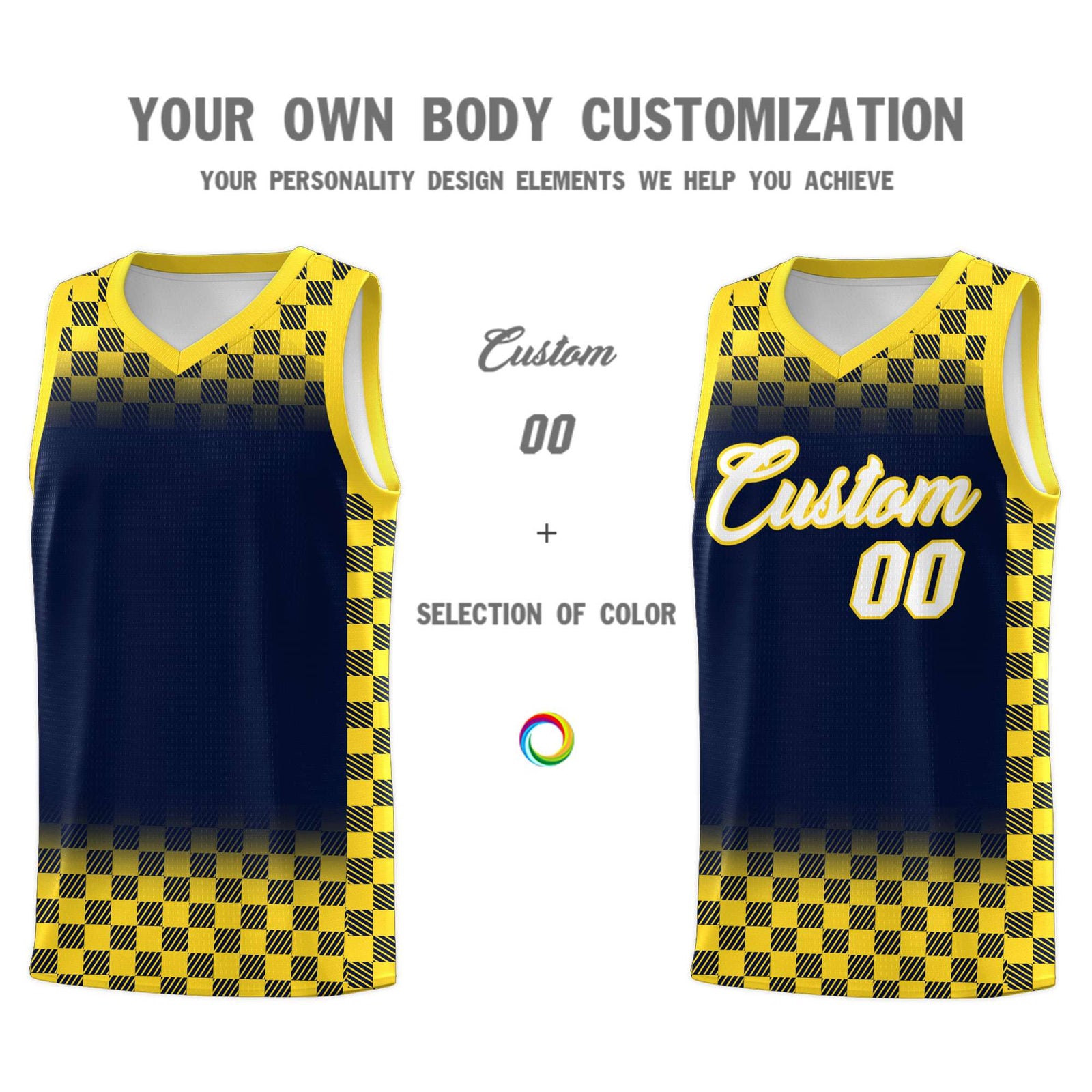 Custom Navy Gold Classic Plaid Pattern Sports Uniform Basketball Jersey